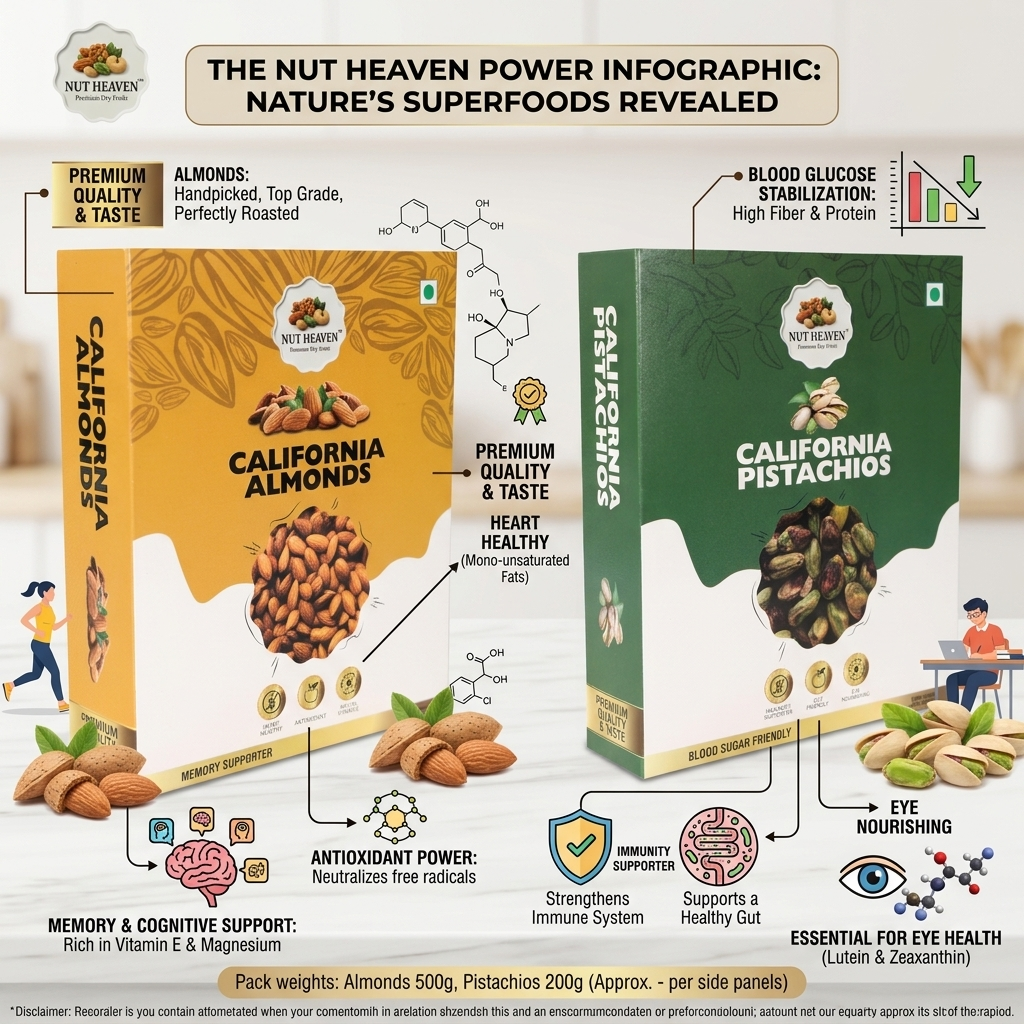 Nut Heaven Almonds 500g + Pistachios 200g | Muscle Fuel Combo | Protein Rich Dry Fruits Pack