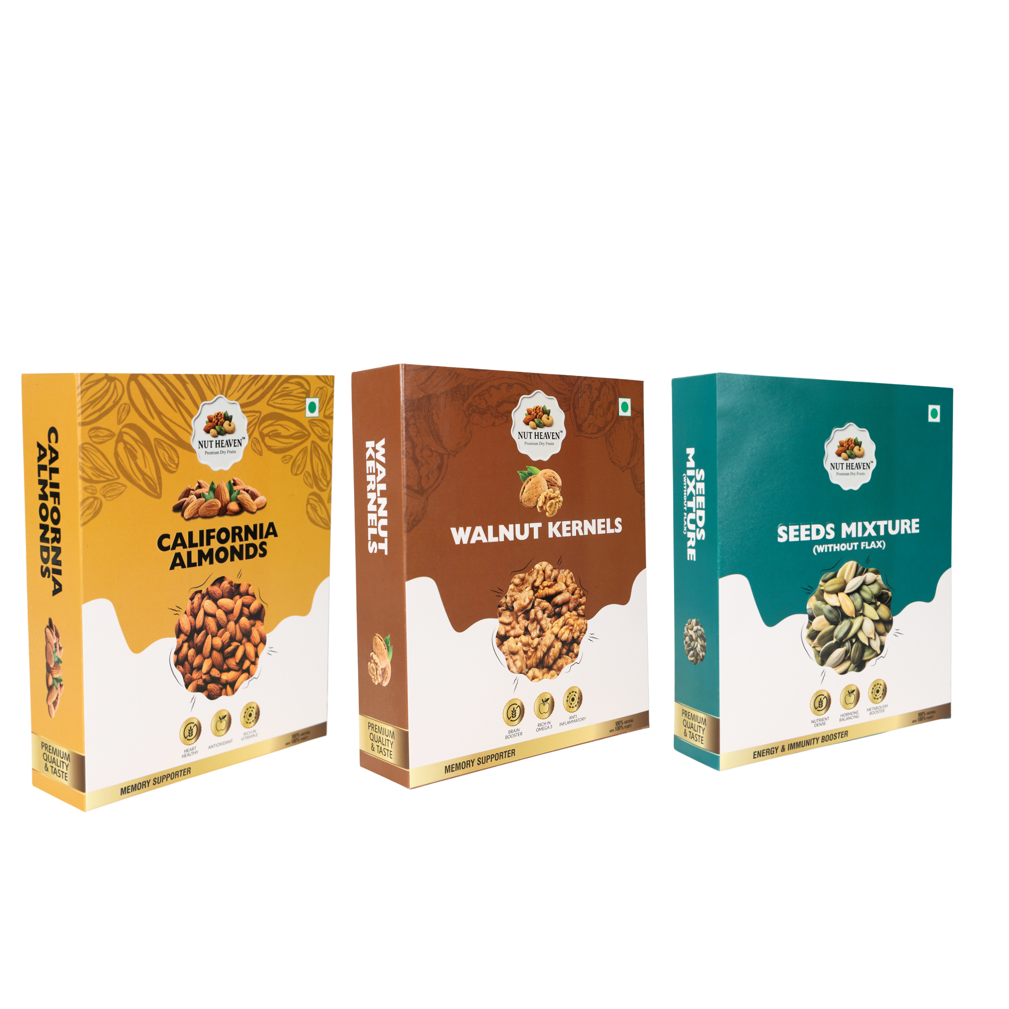 Nut Heaven Almonds 200g + Walnuts 200g + Seed Mix 200g | Complete Fitness Trio | Healthy Snack Combo