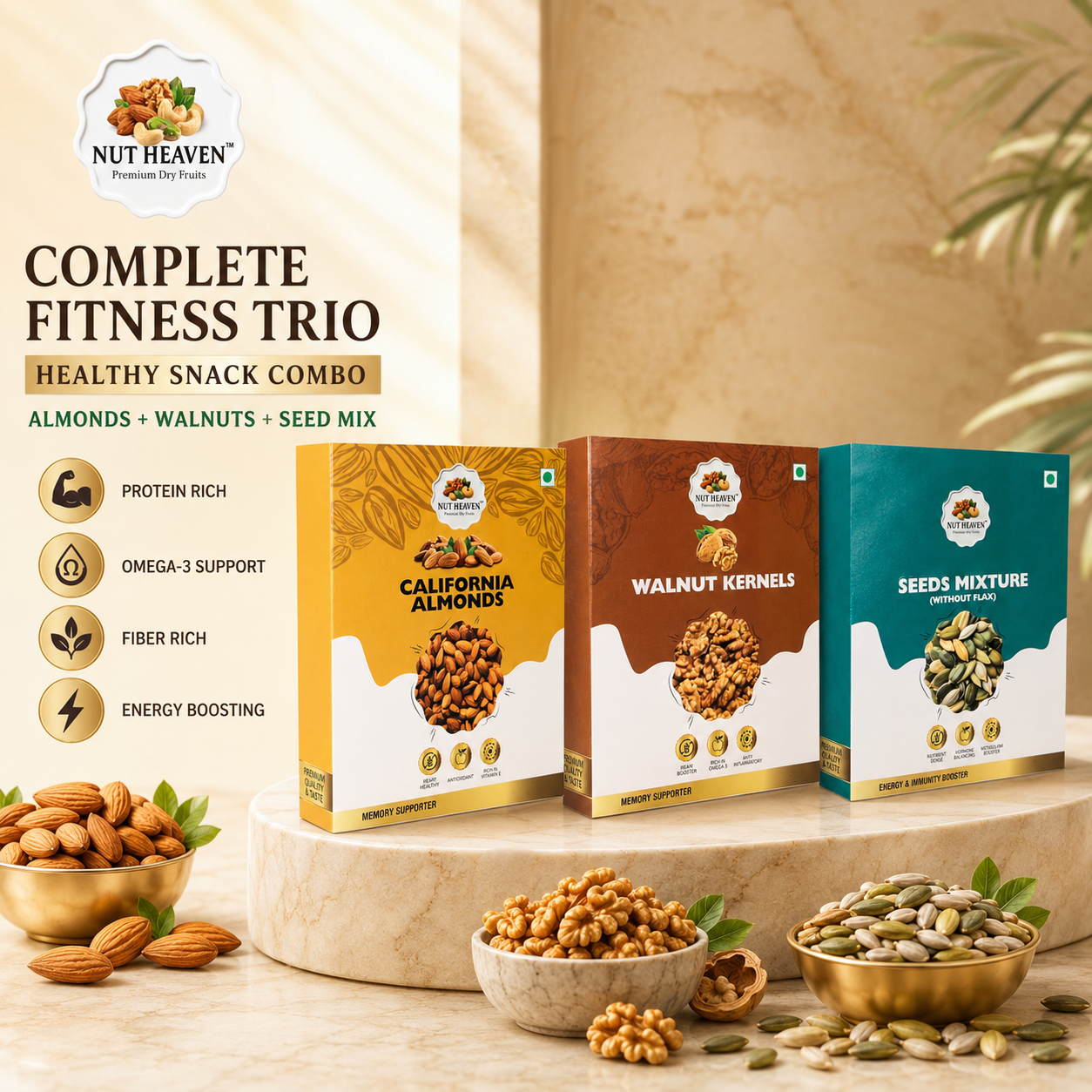 Nut Heaven Almonds 200g + Walnuts 200g + Seed Mix 200g | Complete Fitness Trio | Healthy Snack Combo