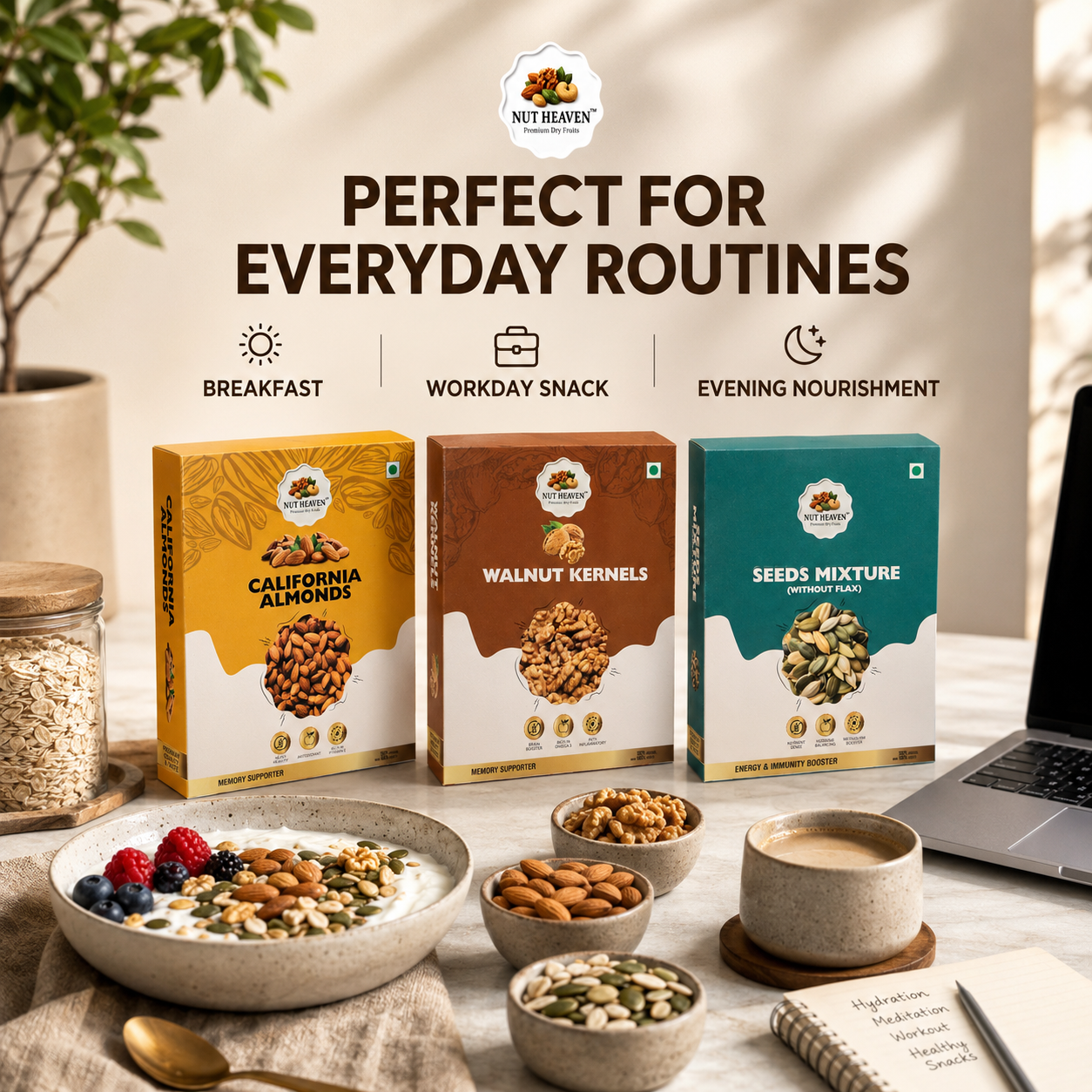 Nut Heaven Almonds 200g + Walnuts 200g + Seed Mix 200g | Complete Fitness Trio | Healthy Snack Combo
