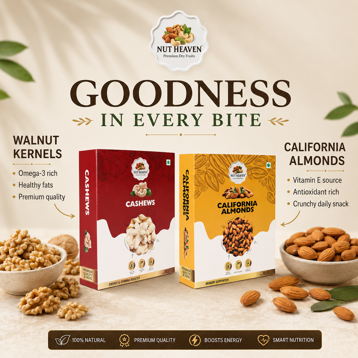 Nut Heaven Almonds 500g + Cashews 200g | Bulk Energy Pack | Healthy Dry Fruits Combo Pack