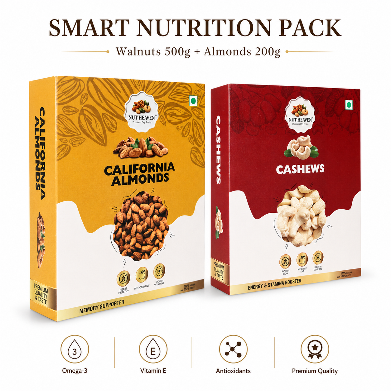 Nut Heaven Almonds 500g + Cashews 200g | Bulk Energy Pack | Healthy Dry Fruits Combo Pack