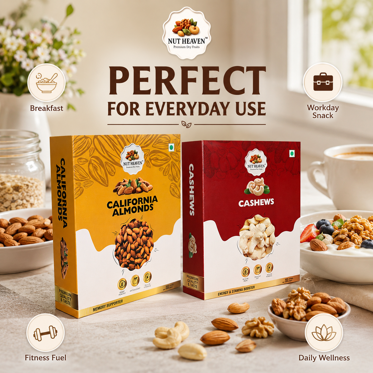 Nut Heaven Almonds 500g + Cashews 200g | Bulk Energy Pack | Healthy Dry Fruits Combo Pack