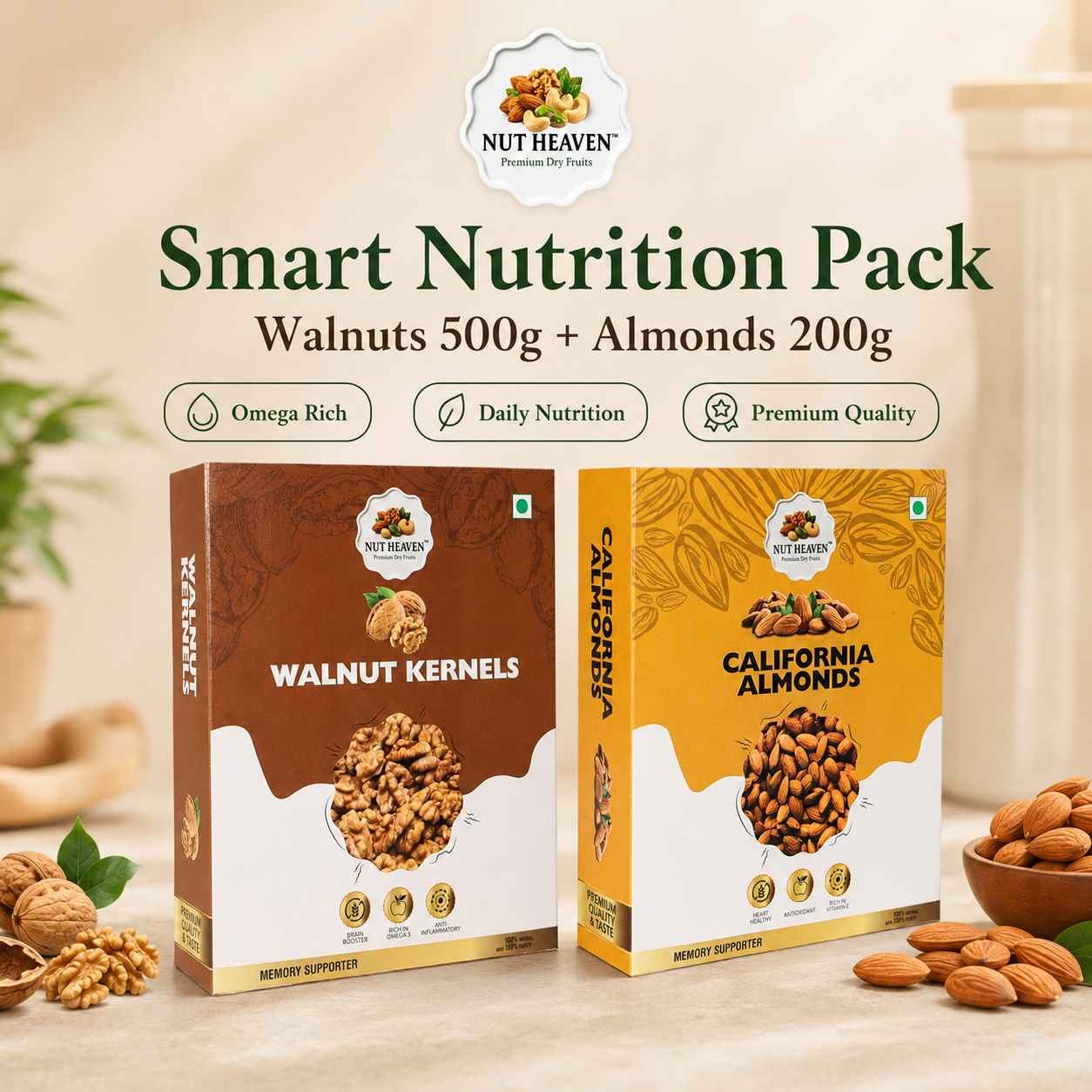 Nut Heaven Walnuts 500g + Almonds 200g | Smart Nutrition Pack | Healthy Dry Fruits Combo
