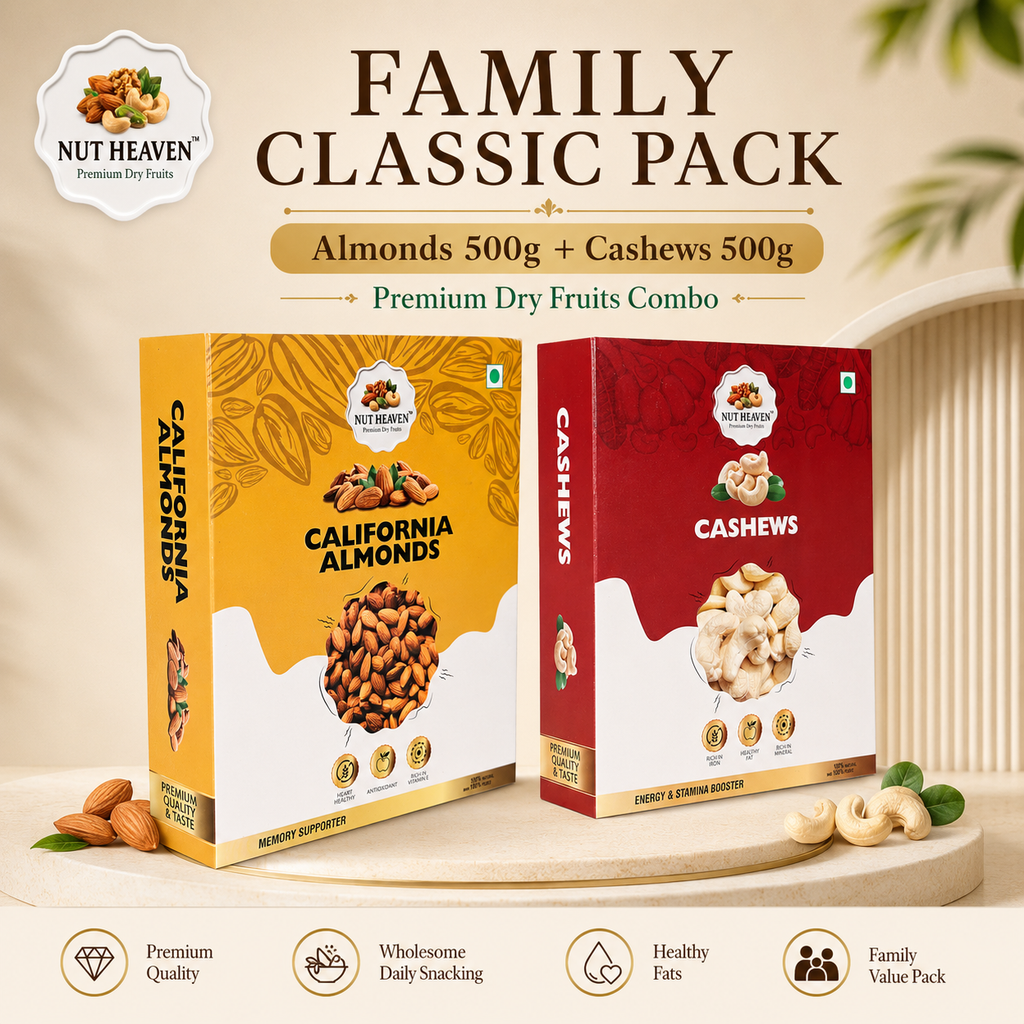 Nut Heaven Almonds 500g + Cashews 500g | Family Classic Pack | Premium Dry Fruits Combo