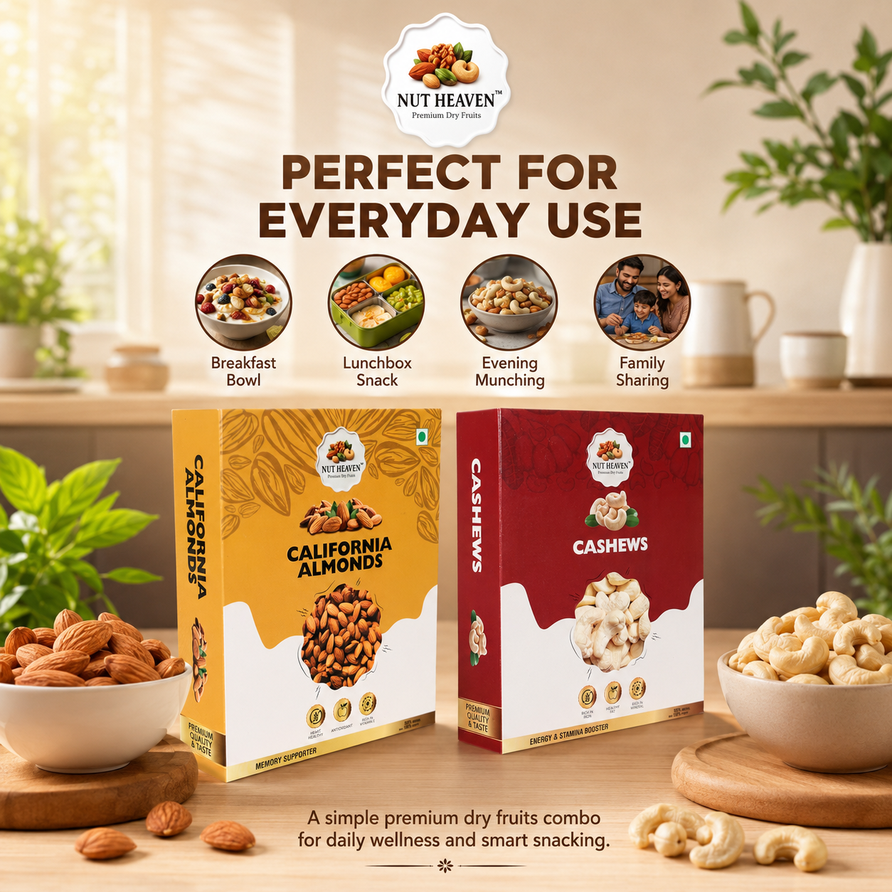 Nut Heaven Almonds 500g + Cashews 500g | Family Classic Pack | Premium Dry Fruits Combo