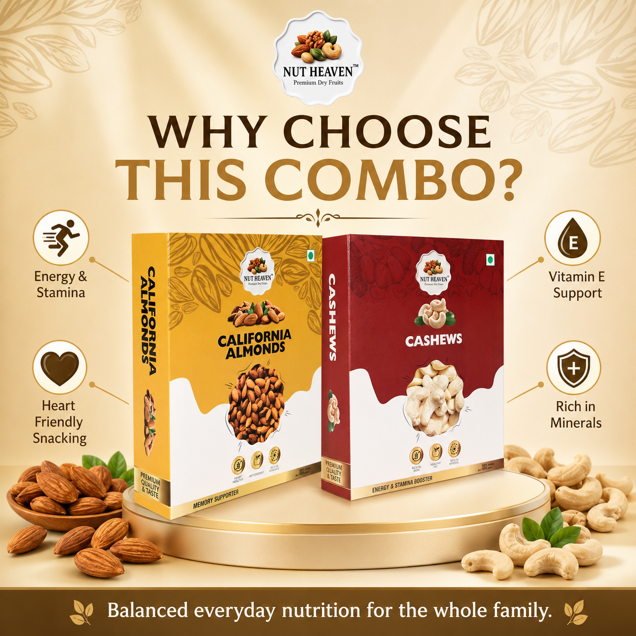 Nut Heaven Almonds 500g + Cashews 500g | Family Classic Pack | Premium Dry Fruits Combo