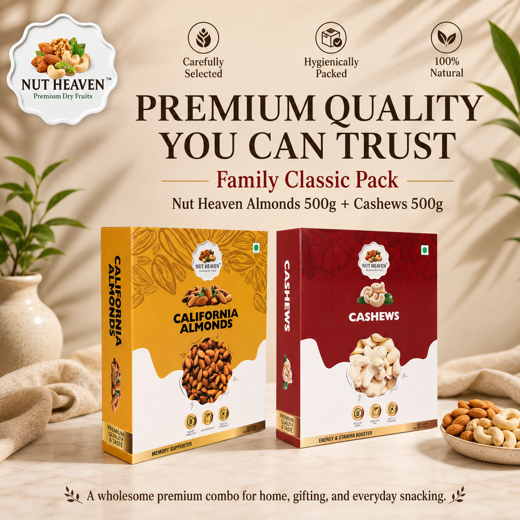 Nut Heaven Almonds 500g + Cashews 500g | Family Classic Pack | Premium Dry Fruits Combo
