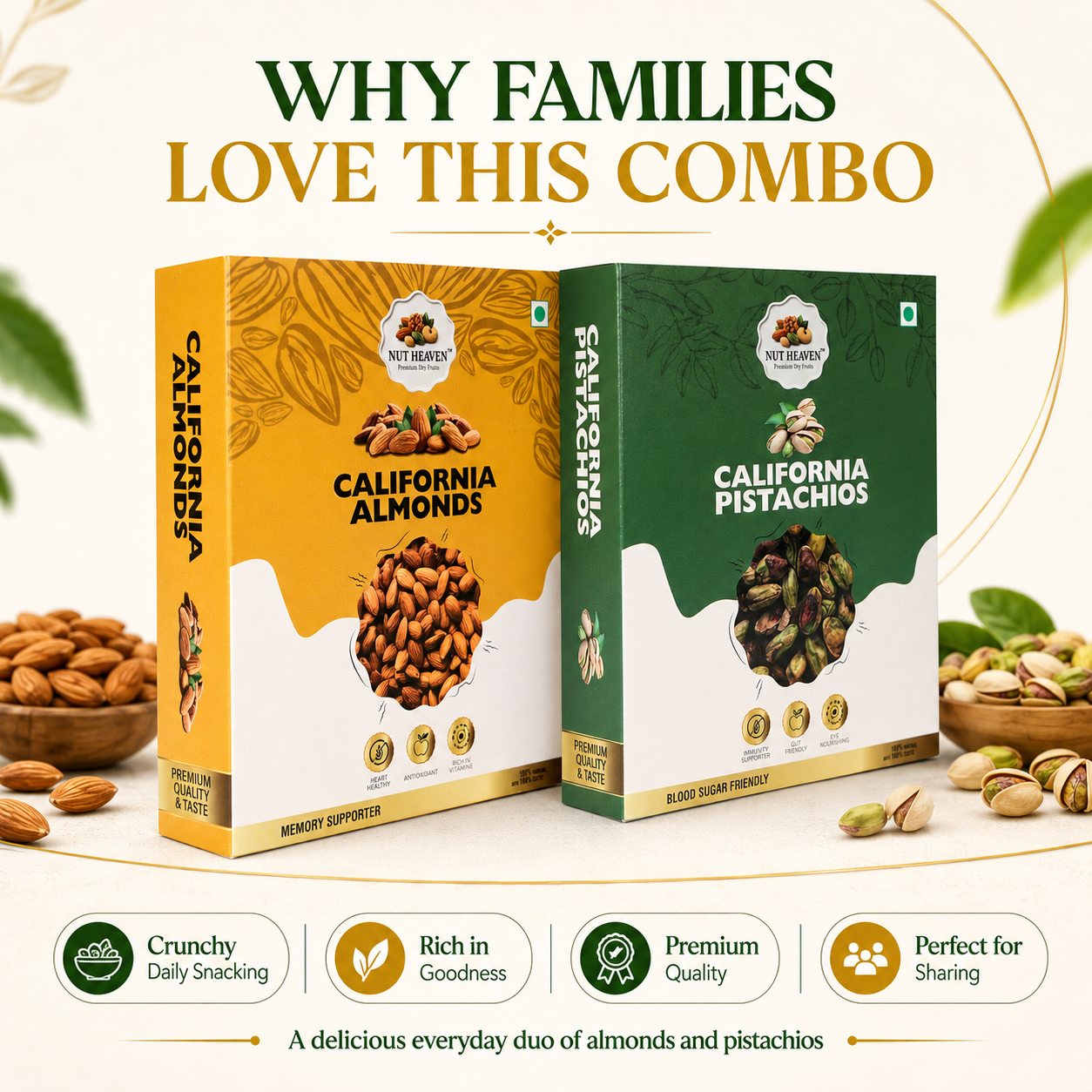 Nut Heaven Almonds 500g + Pistachios 500g | Premium Family Combo | Healthy Dry Fruits Pack