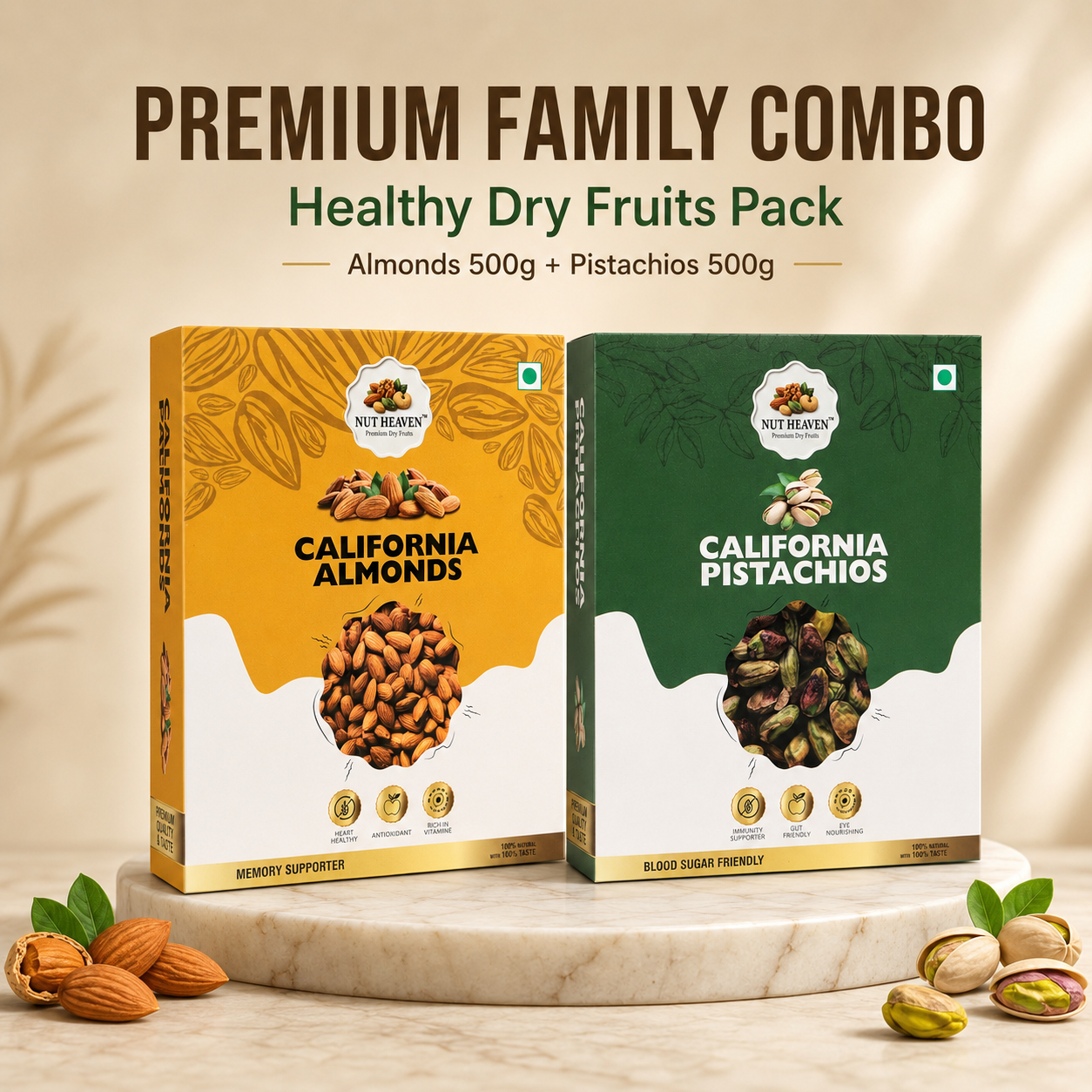 Nut Heaven Almonds 500g + Pistachios 500g | Premium Family Combo | Healthy Dry Fruits Pack
