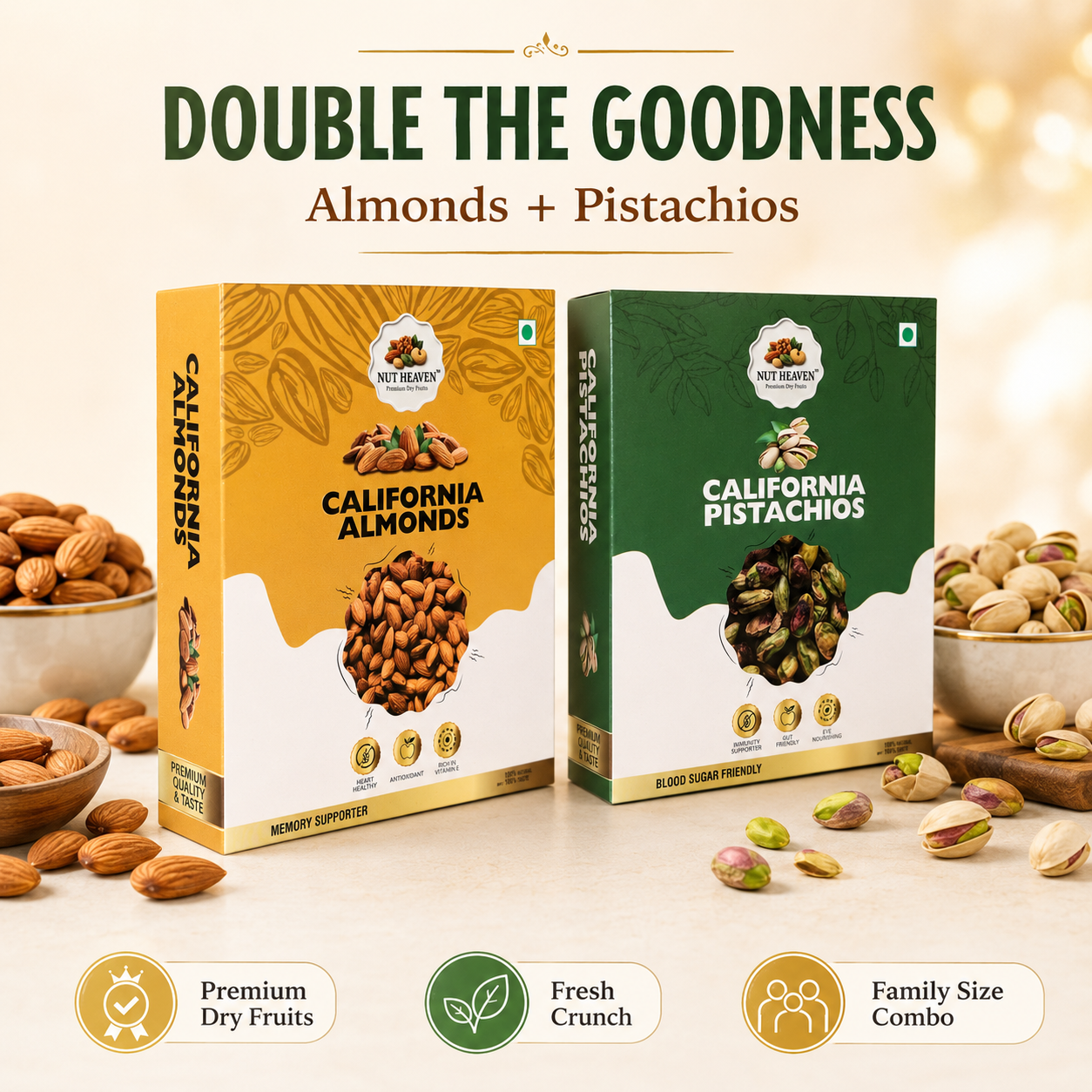 Nut Heaven Almonds 500g + Pistachios 500g | Premium Family Combo | Healthy Dry Fruits Pack