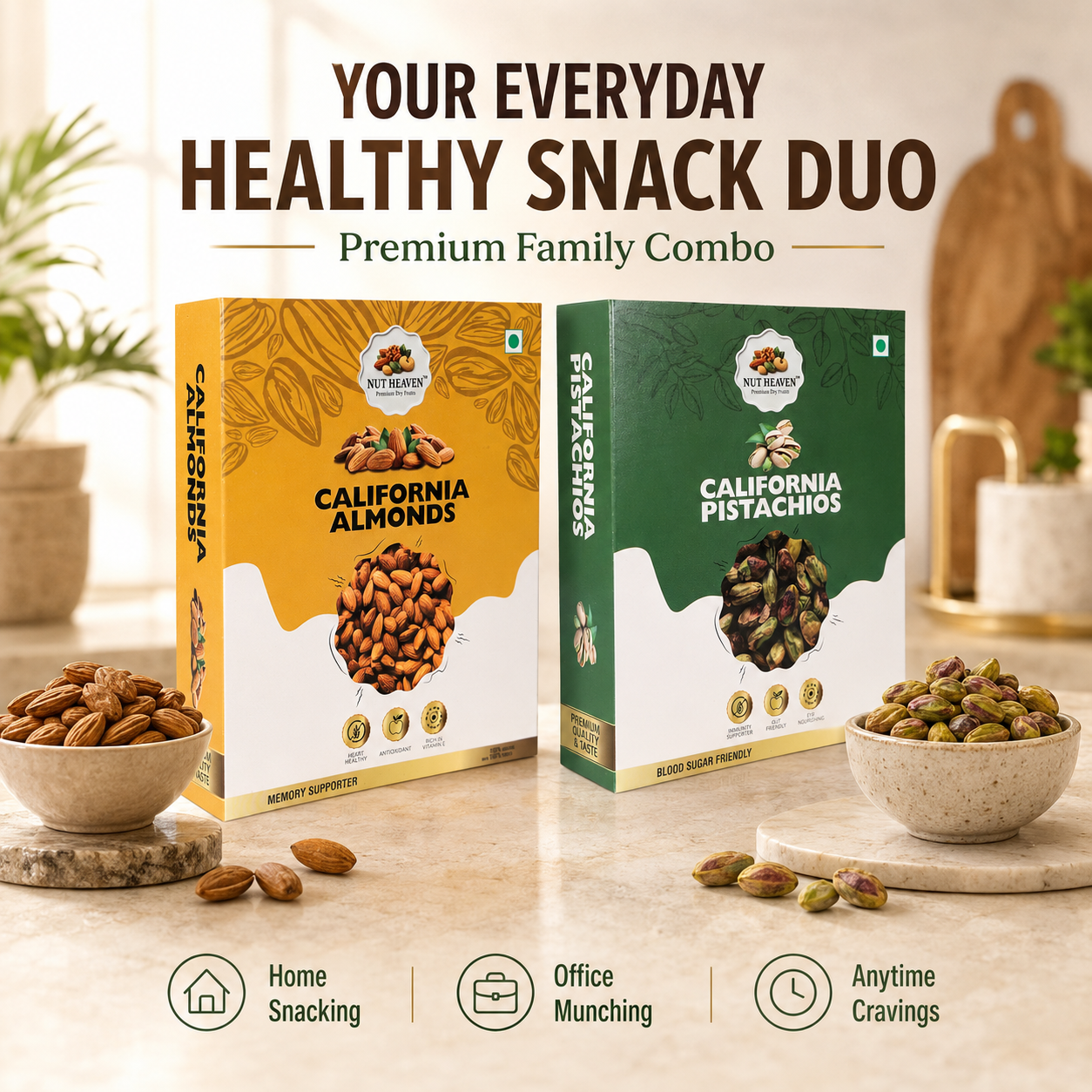 Nut Heaven Almonds 500g + Pistachios 500g | Premium Family Combo | Healthy Dry Fruits Pack