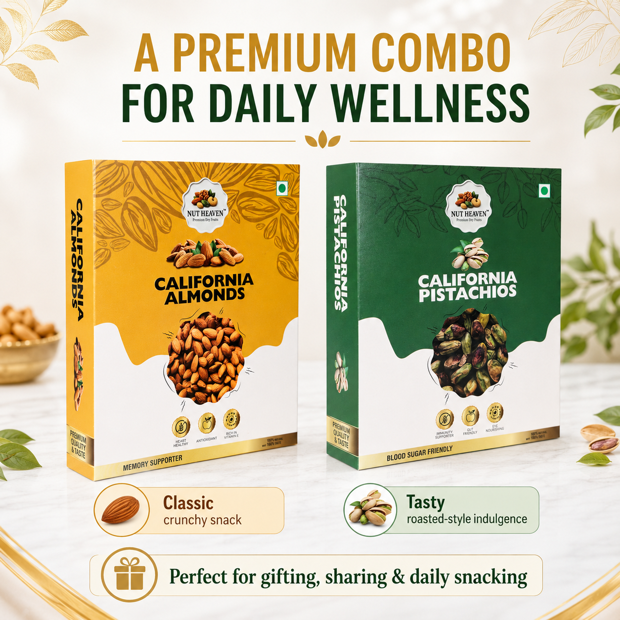 Nut Heaven Almonds 500g + Pistachios 500g | Premium Family Combo | Healthy Dry Fruits Pack
