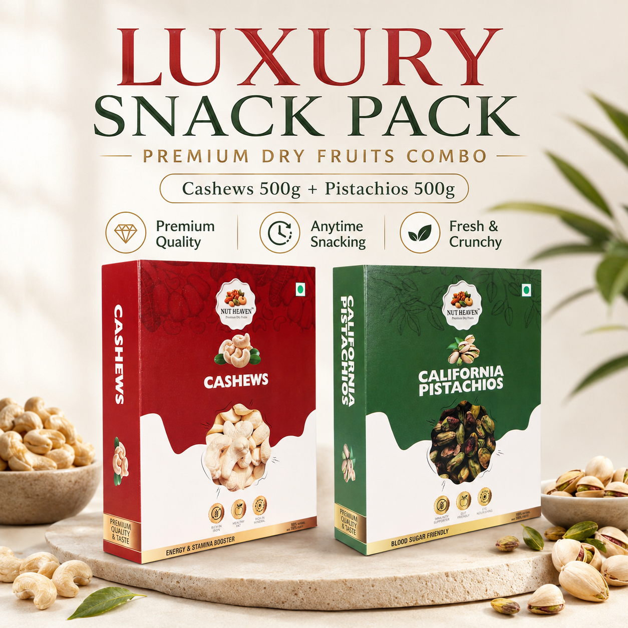Nut Heaven Cashews 500g + Pistachios 500g | Luxury Snack Pack | Premium Dry Fruits Combo