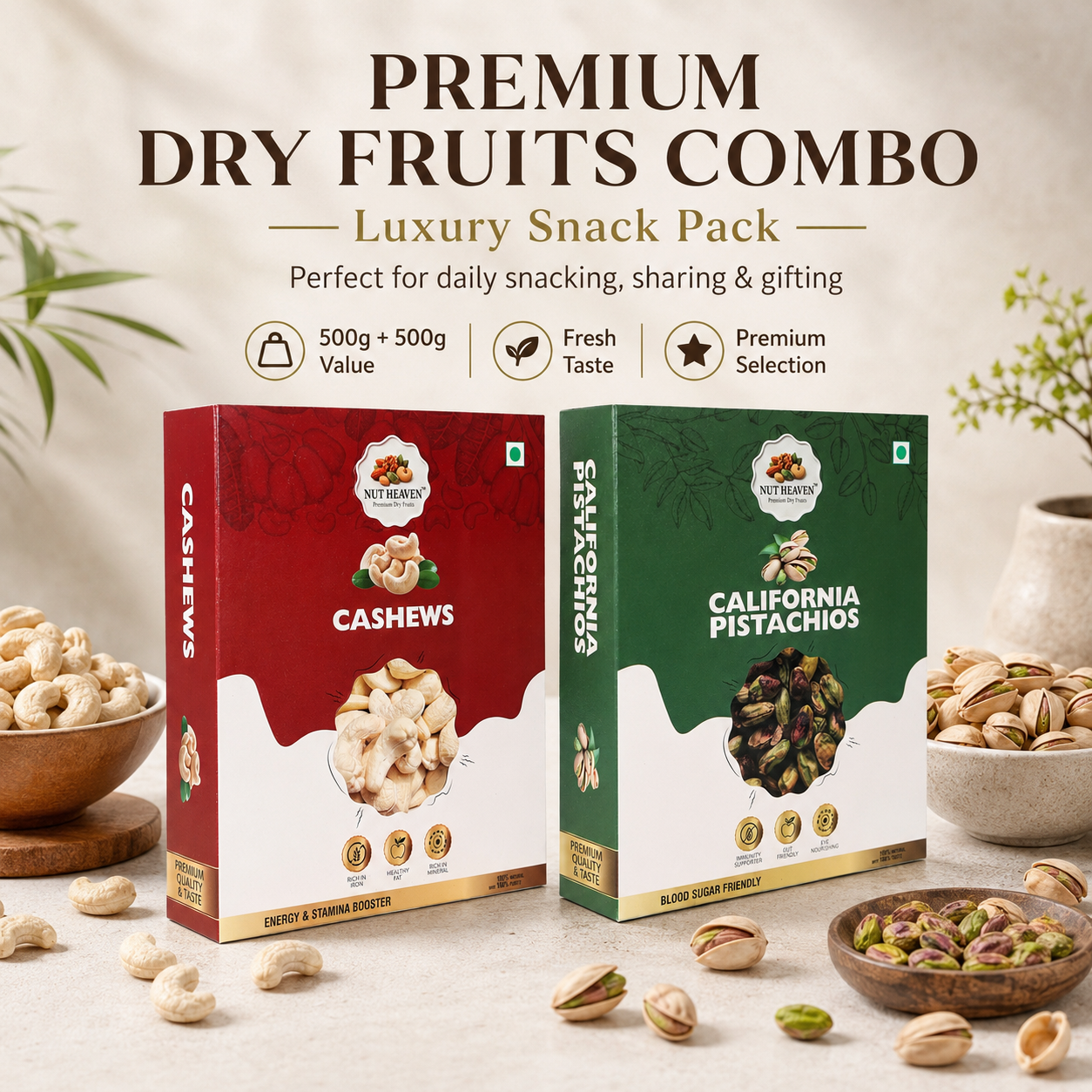 Nut Heaven Cashews 500g + Pistachios 500g | Luxury Snack Pack | Premium Dry Fruits Combo