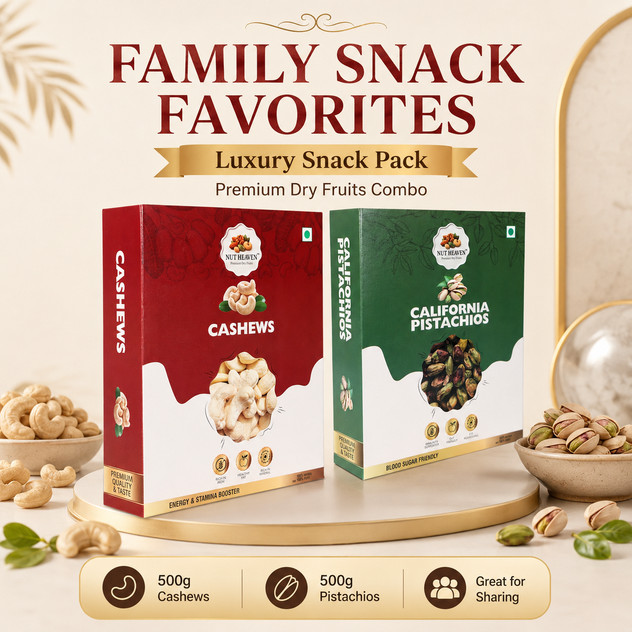 Nut Heaven Cashews 500g + Pistachios 500g | Luxury Snack Pack | Premium Dry Fruits Combo