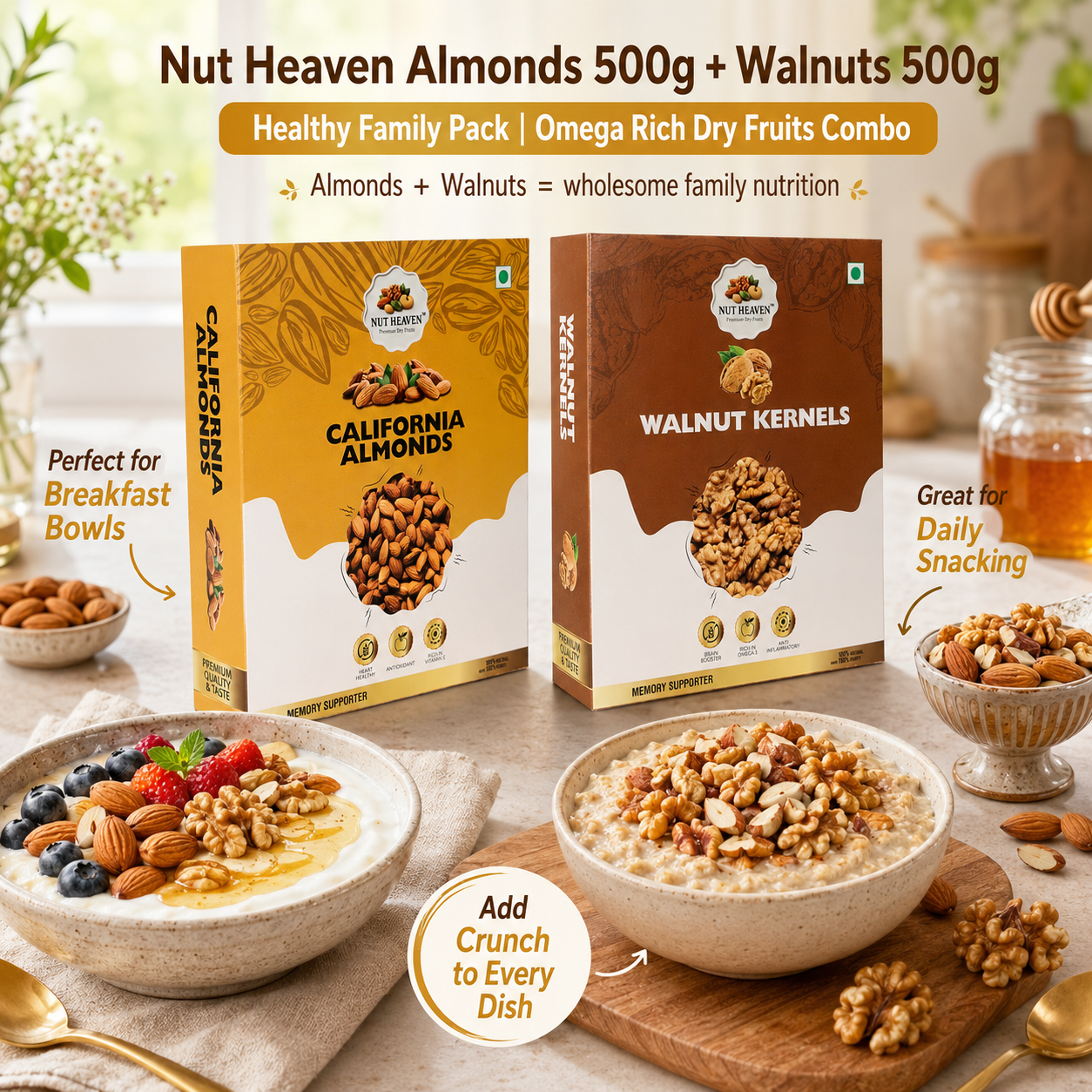 Nut Heaven Almonds 500g + Walnuts 500g | Healthy Family Pack | Omega Rich Dry Fruits Combo