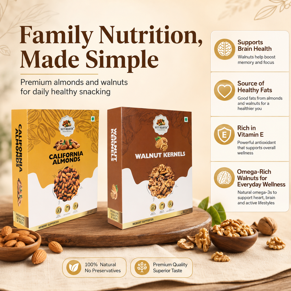 Nut Heaven Almonds 500g + Walnuts 500g | Healthy Family Pack | Omega Rich Dry Fruits Combo