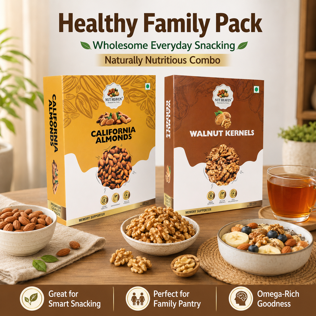 Nut Heaven Almonds 500g + Walnuts 500g | Healthy Family Pack | Omega Rich Dry Fruits Combo
