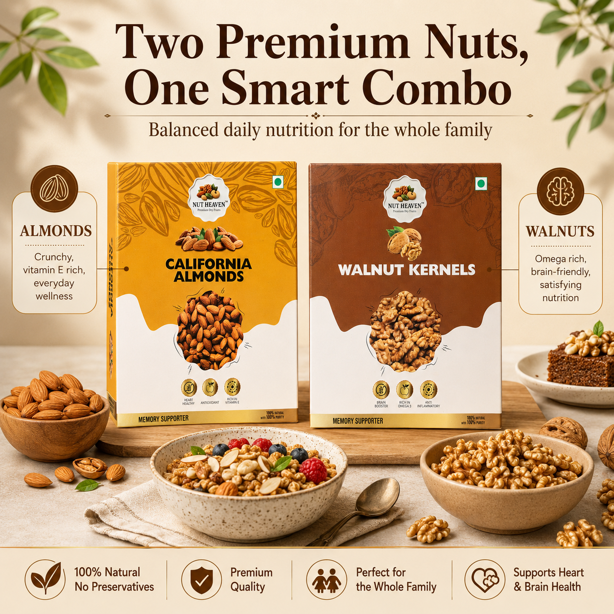Nut Heaven Almonds 500g + Walnuts 500g | Healthy Family Pack | Omega Rich Dry Fruits Combo