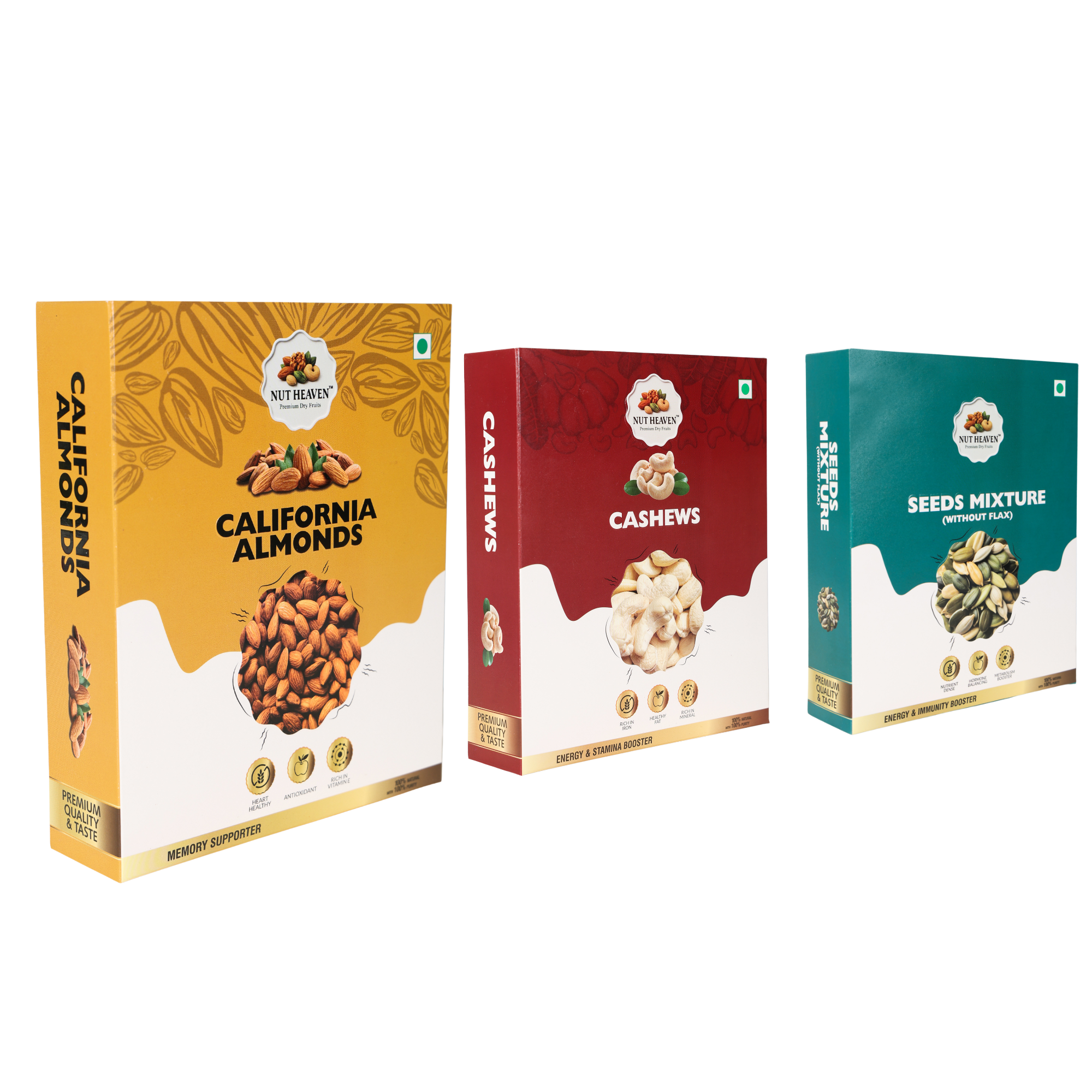 Nut Heaven Almonds 500g + Cashews 200g + Seed Mix 200g | Mixed Family Pack | Healthy Dry Fruits Combo
