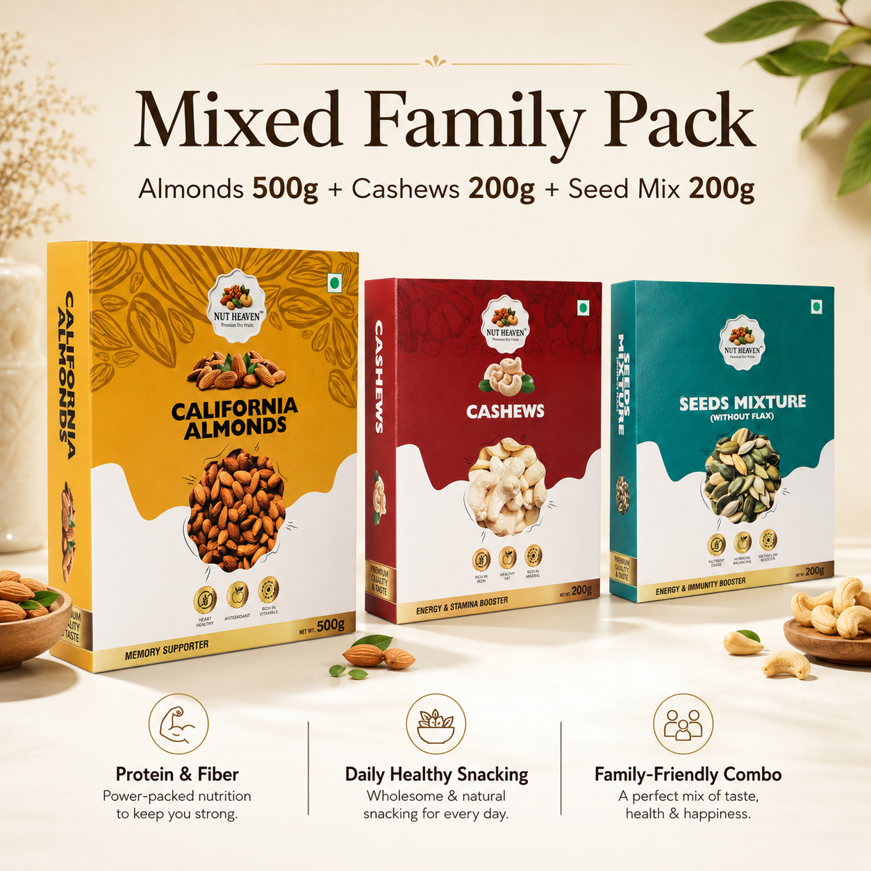 Nut Heaven Almonds 500g + Cashews 200g + Seed Mix 200g | Mixed Family Pack | Healthy Dry Fruits Combo