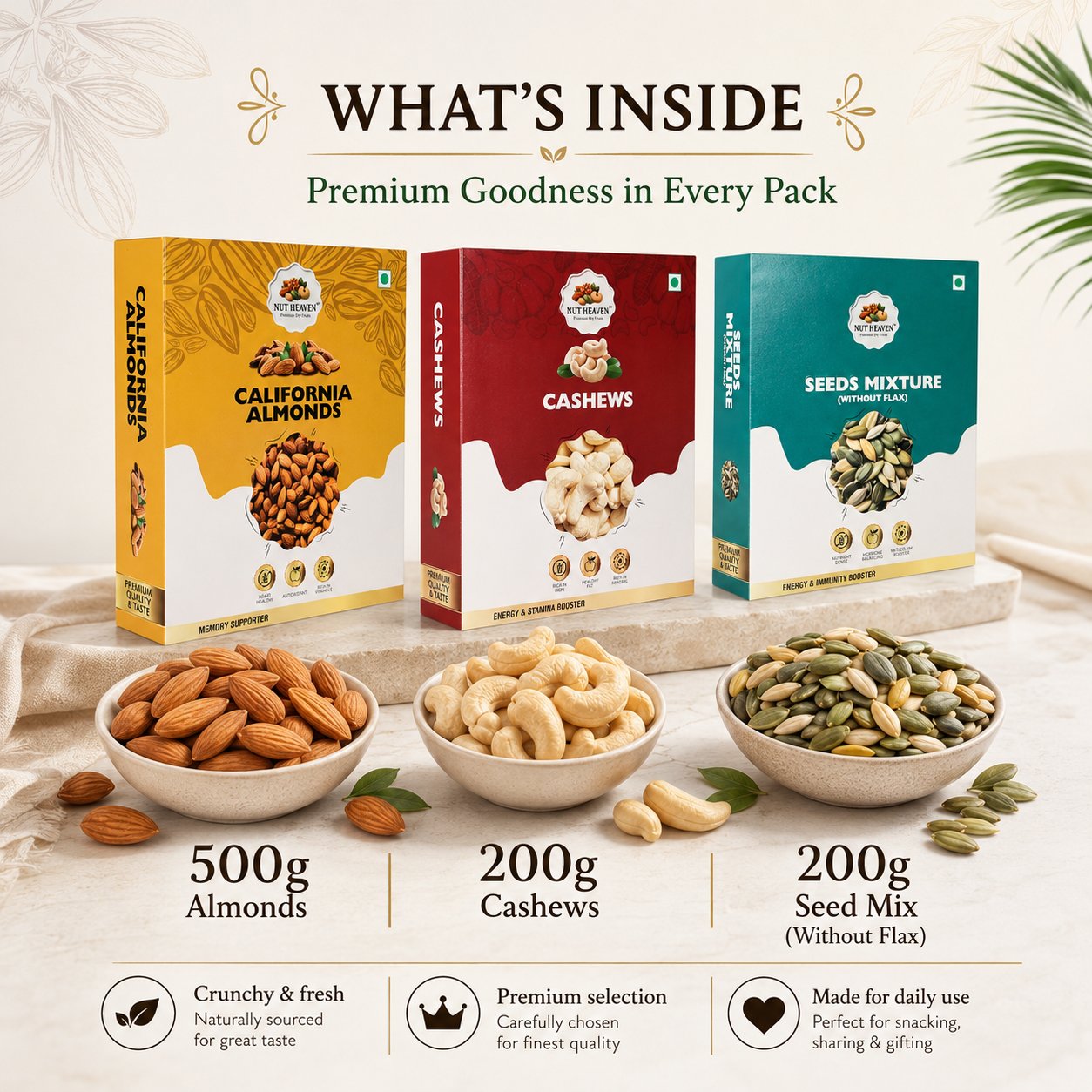 Nut Heaven Almonds 500g + Cashews 200g + Seed Mix 200g | Mixed Family Pack | Healthy Dry Fruits Combo