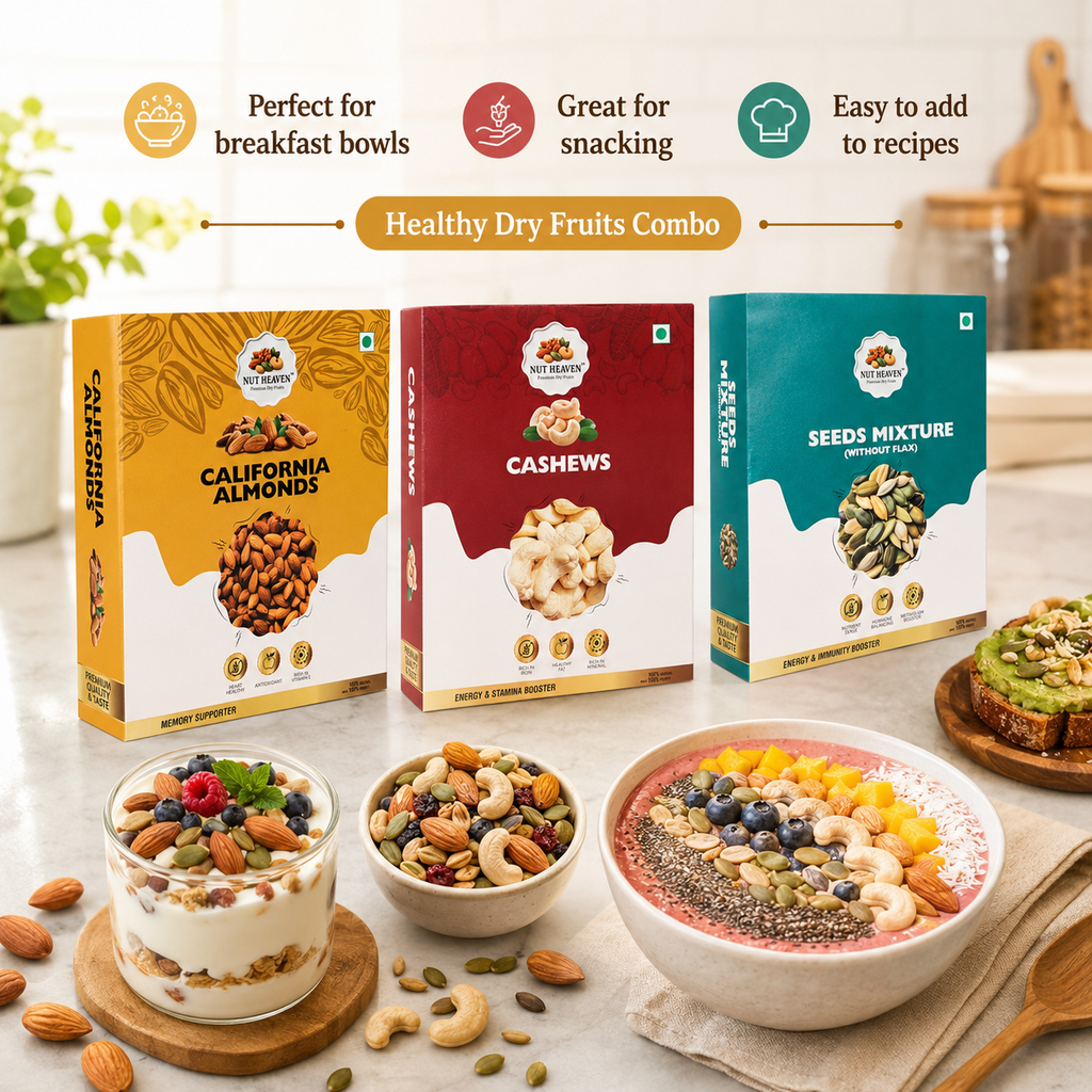 Nut Heaven Almonds 500g + Cashews 200g + Seed Mix 200g | Mixed Family Pack | Healthy Dry Fruits Combo