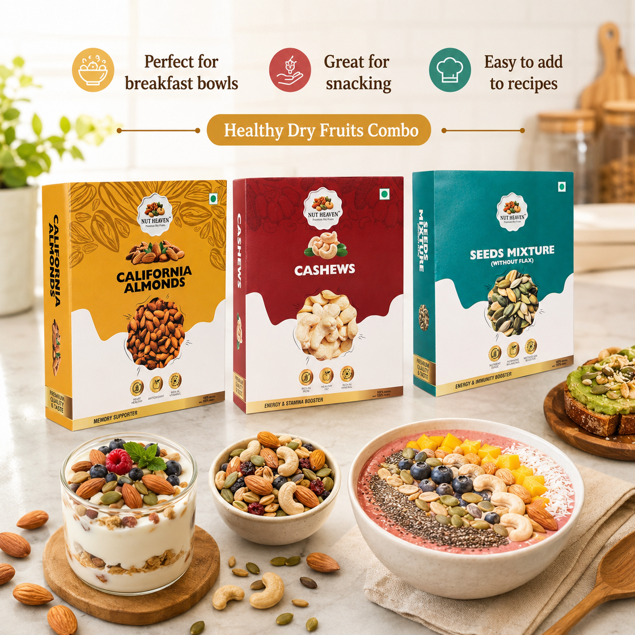 Nut Heaven Almonds 500g + Cashews 200g + Seed Mix 200g | Mixed Family Pack | Healthy Dry Fruits Combo