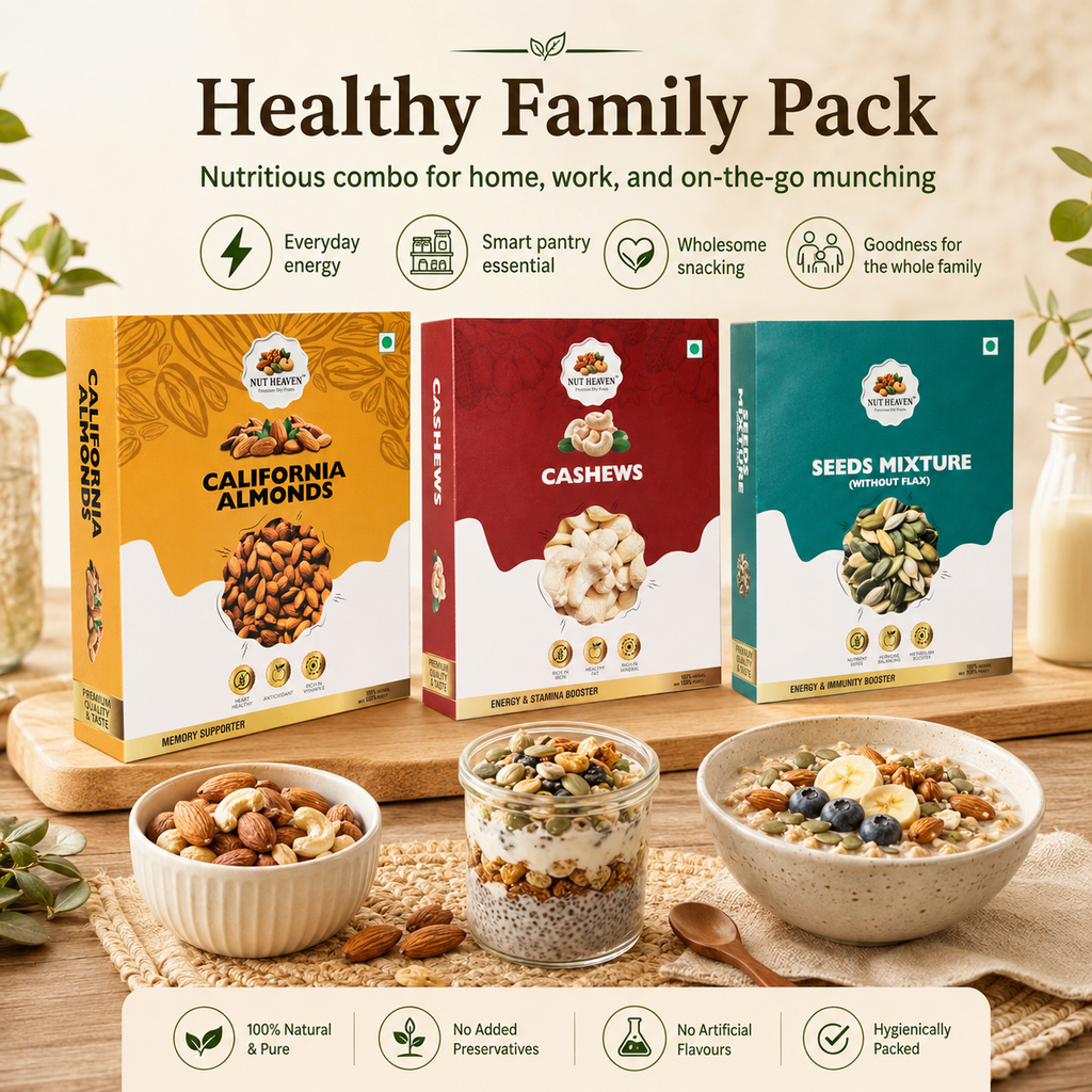 Nut Heaven Almonds 500g + Cashews 200g + Seed Mix 200g | Mixed Family Pack | Healthy Dry Fruits Combo