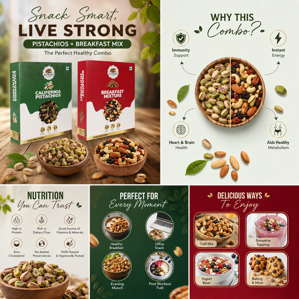 Nut Heaven Pistachios 500g + Breakfast Mix 500g | Snack Lover Pack | Healthy Dry Fruits Combo