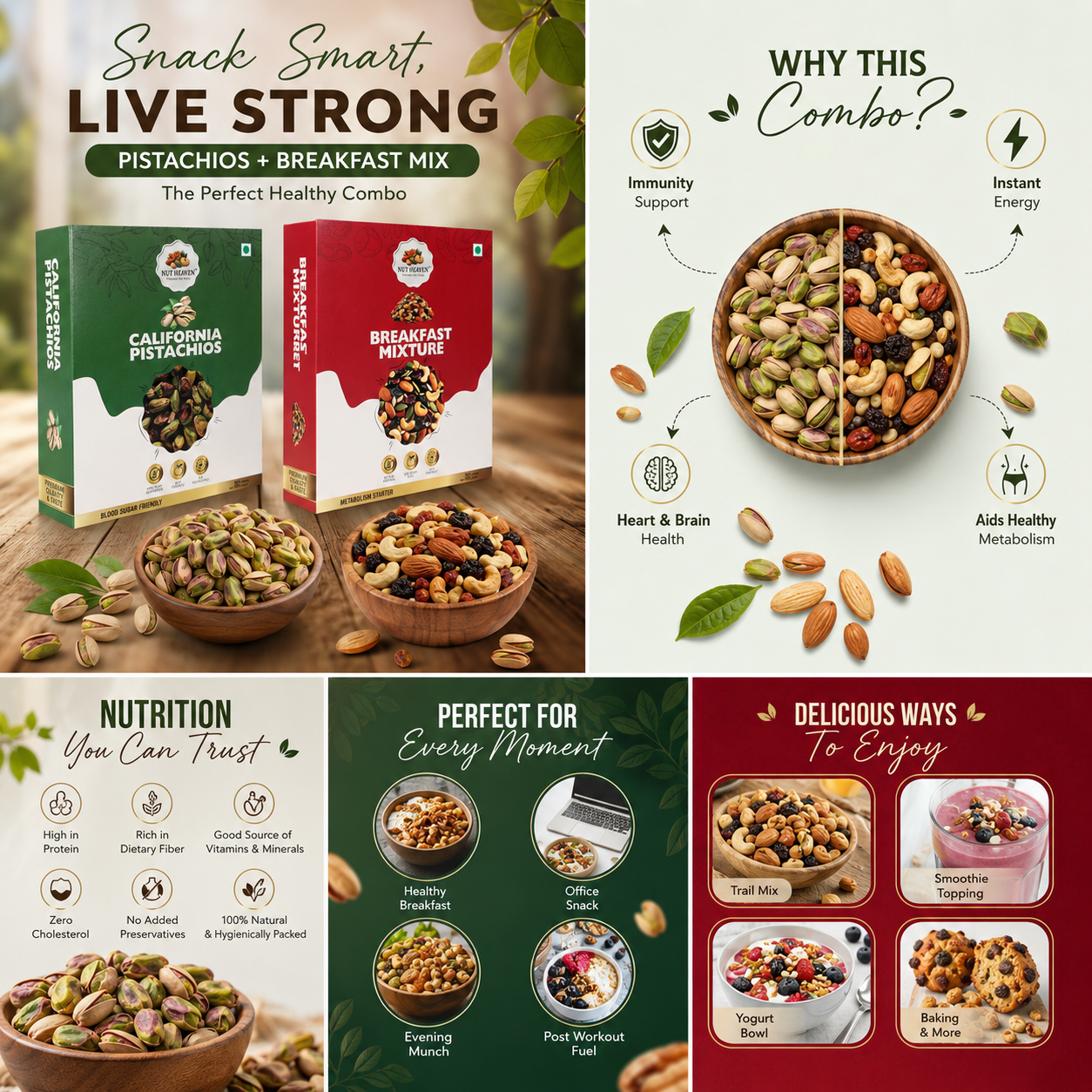 Nut Heaven Pistachios 500g + Breakfast Mix 500g | Snack Lover Pack | Healthy Dry Fruits Combo