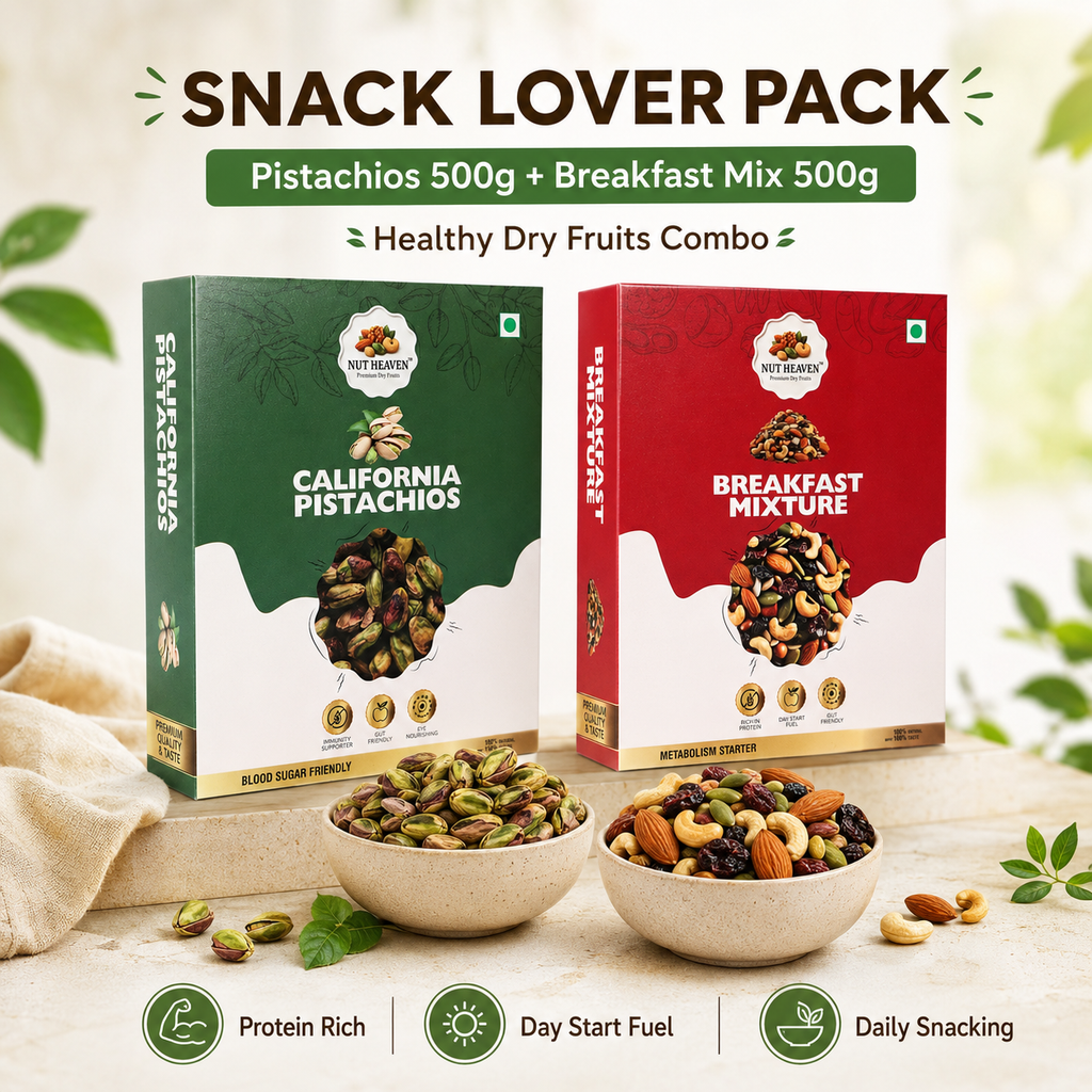 Nut Heaven Pistachios 500g + Breakfast Mix 500g | Snack Lover Pack | Healthy Dry Fruits Combo