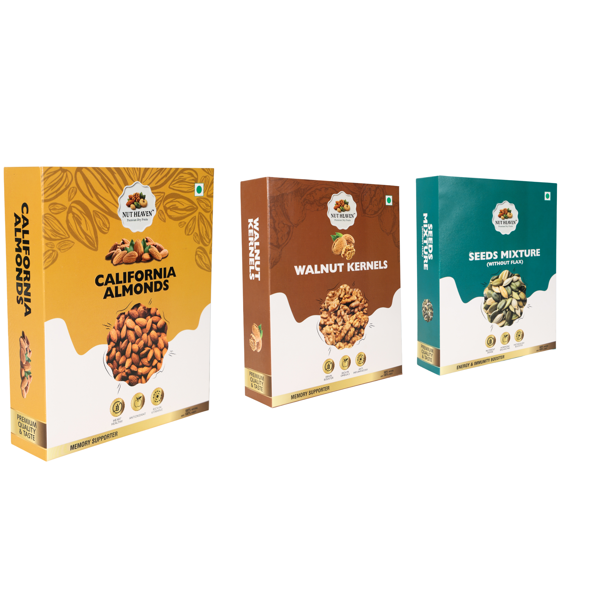 Nut Heaven Almonds 500g + Walnuts 200g + Seed Mix 200g | Balanced Family Pack | Healthy Nutrition Combo