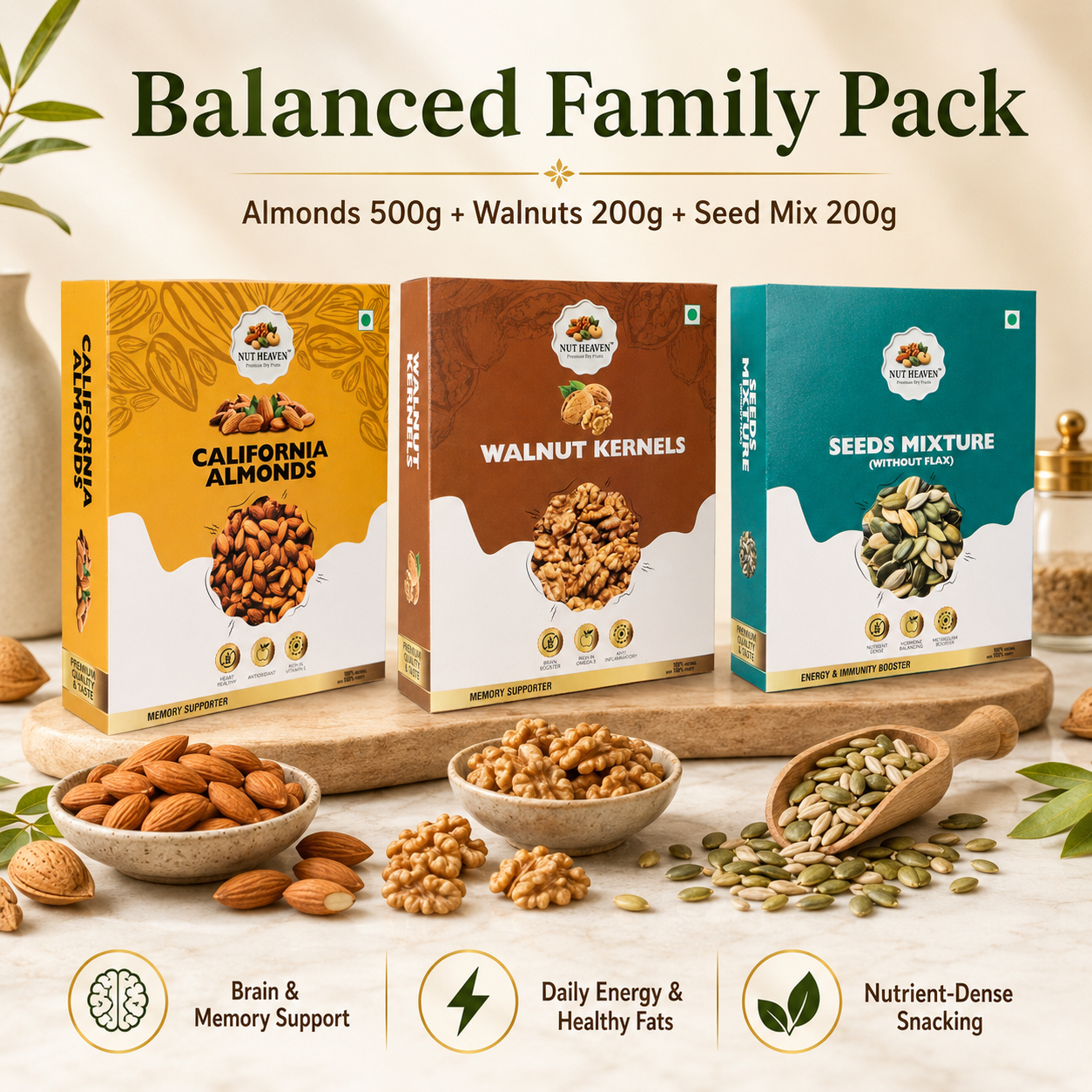 Nut Heaven Almonds 500g + Walnuts 200g + Seed Mix 200g | Balanced Family Pack | Healthy Nutrition Combo