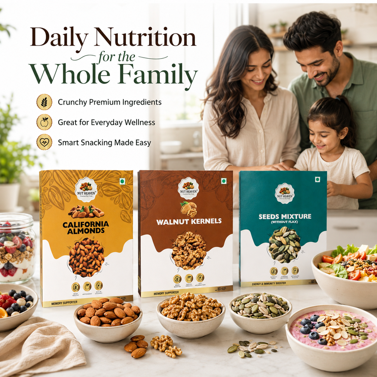 Nut Heaven Almonds 500g + Walnuts 200g + Seed Mix 200g | Balanced Family Pack | Healthy Nutrition Combo