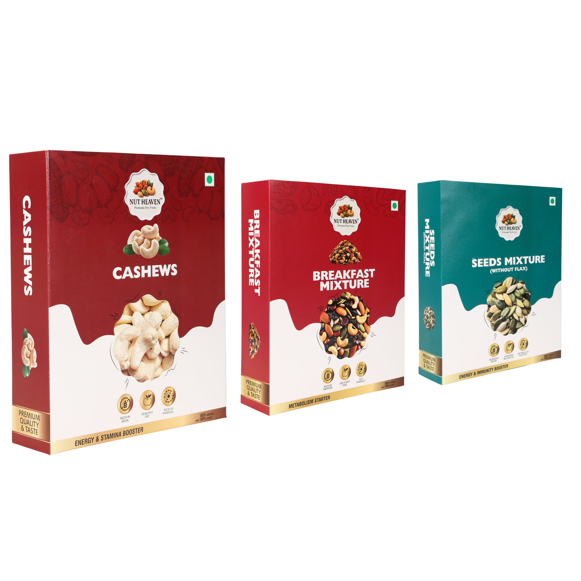 Nut Heaven Cashews 500g + Breakfast Mix 200g + Seed Mix 200g | Tasty Family Combo | Healthy Snack Pack