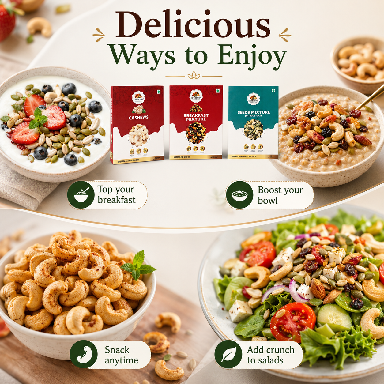 Nut Heaven Cashews 500g + Breakfast Mix 200g + Seed Mix 200g | Tasty Family Combo | Healthy Snack Pack