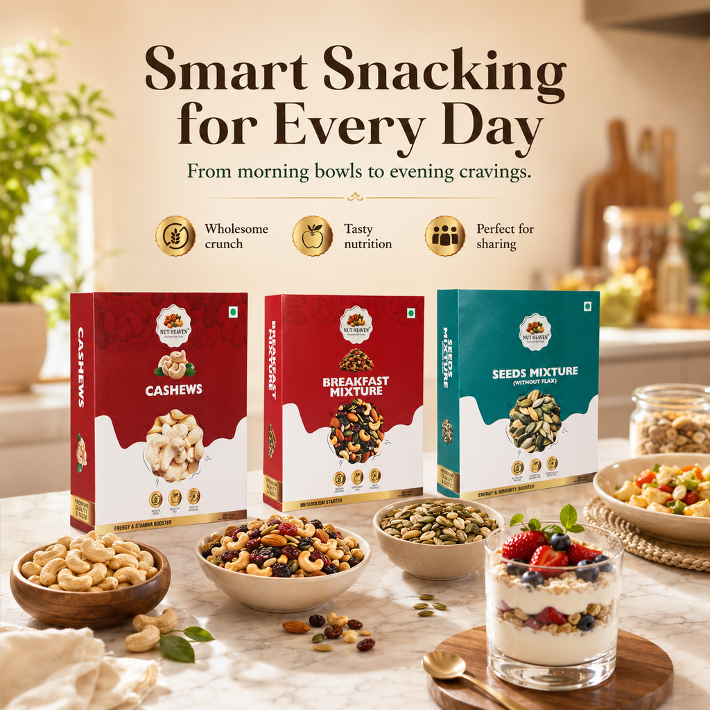 Nut Heaven Cashews 500g + Breakfast Mix 200g + Seed Mix 200g | Tasty Family Combo | Healthy Snack Pack