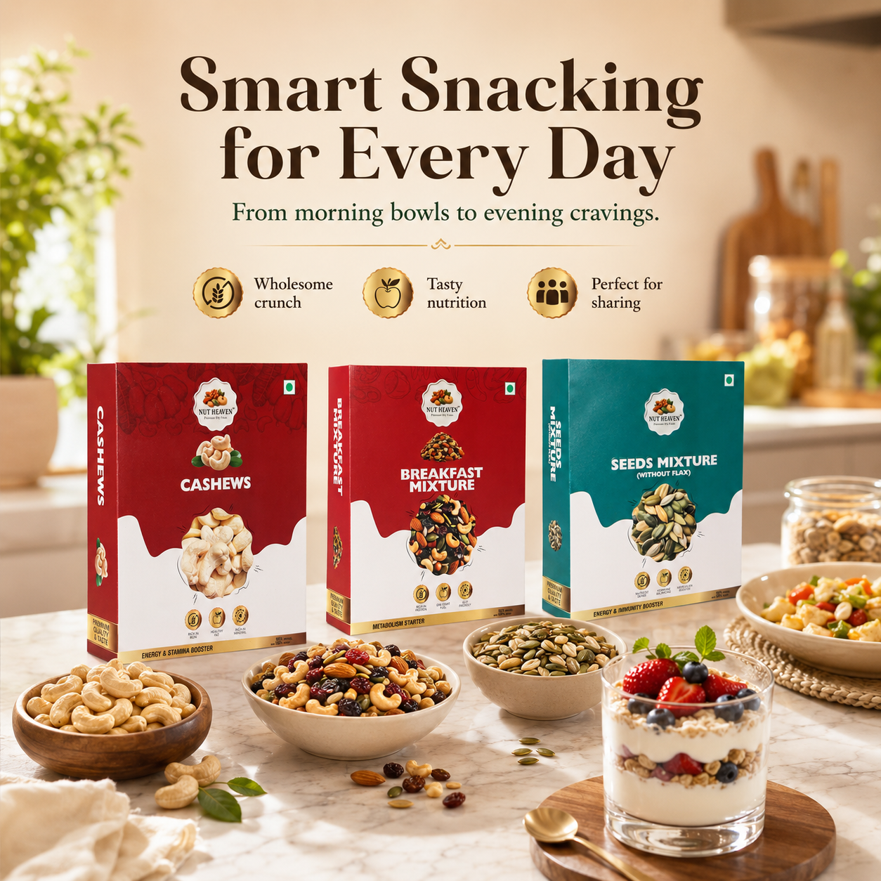 Nut Heaven Cashews 500g + Breakfast Mix 200g + Seed Mix 200g | Tasty Family Combo | Healthy Snack Pack