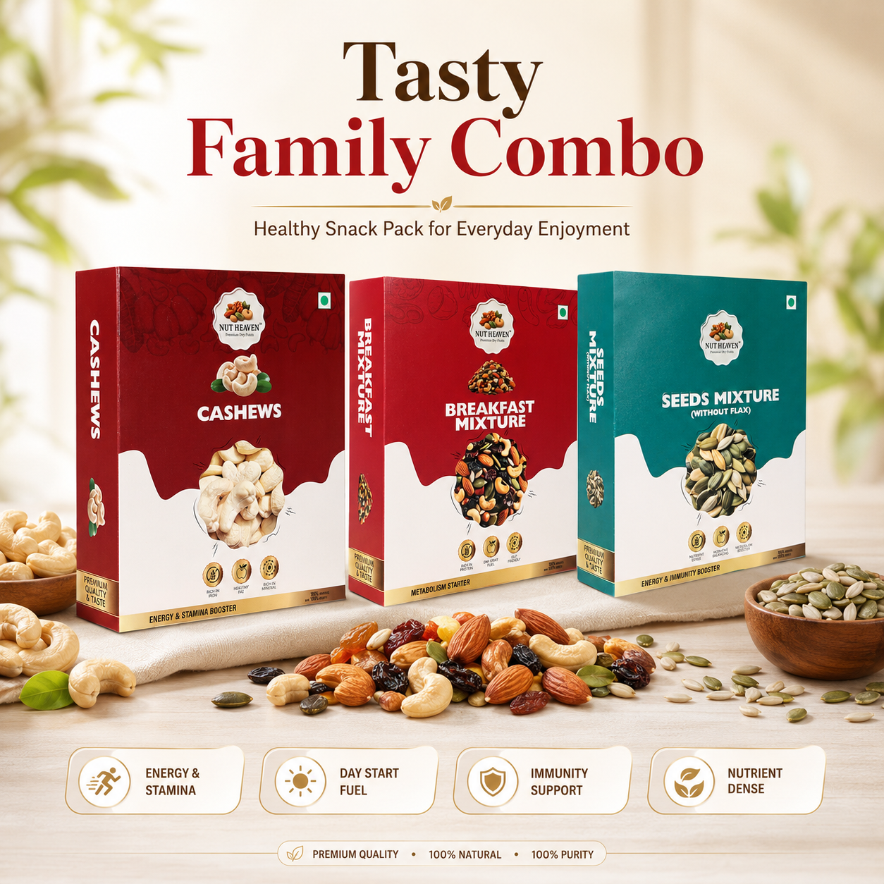 Nut Heaven Cashews 500g + Breakfast Mix 200g + Seed Mix 200g | Tasty Family Combo | Healthy Snack Pack