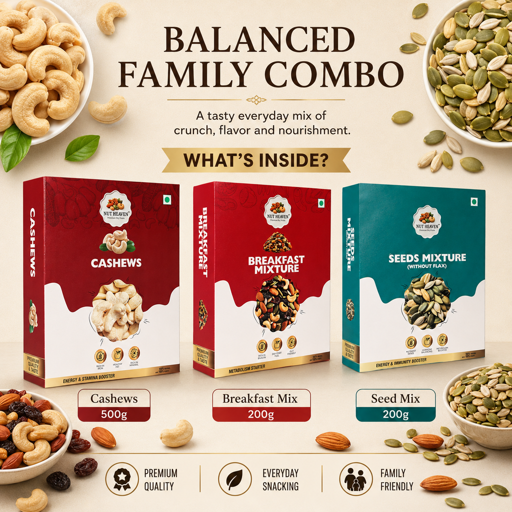 Nut Heaven Cashews 500g + Breakfast Mix 200g + Seed Mix 200g | Tasty Family Combo | Healthy Snack Pack