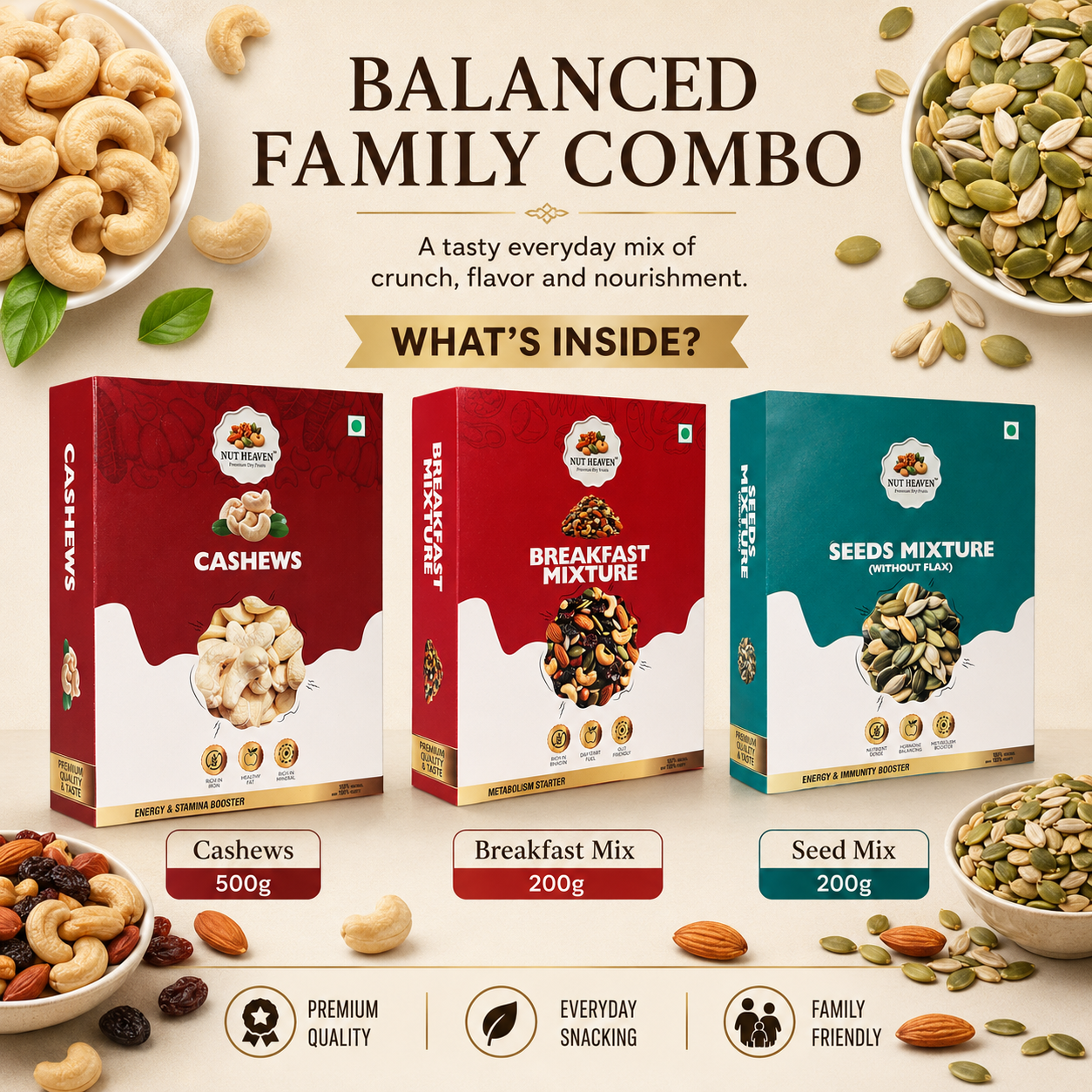 Nut Heaven Cashews 500g + Breakfast Mix 200g + Seed Mix 200g | Tasty Family Combo | Healthy Snack Pack