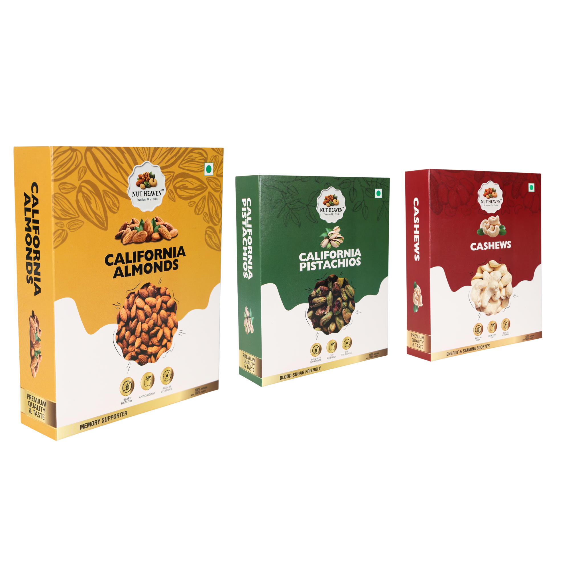 Nut Heaven Almonds 500g + Pistachios 200g + Cashews 200g | Premium Trio Pack | Healthy Dry Fruits Combo