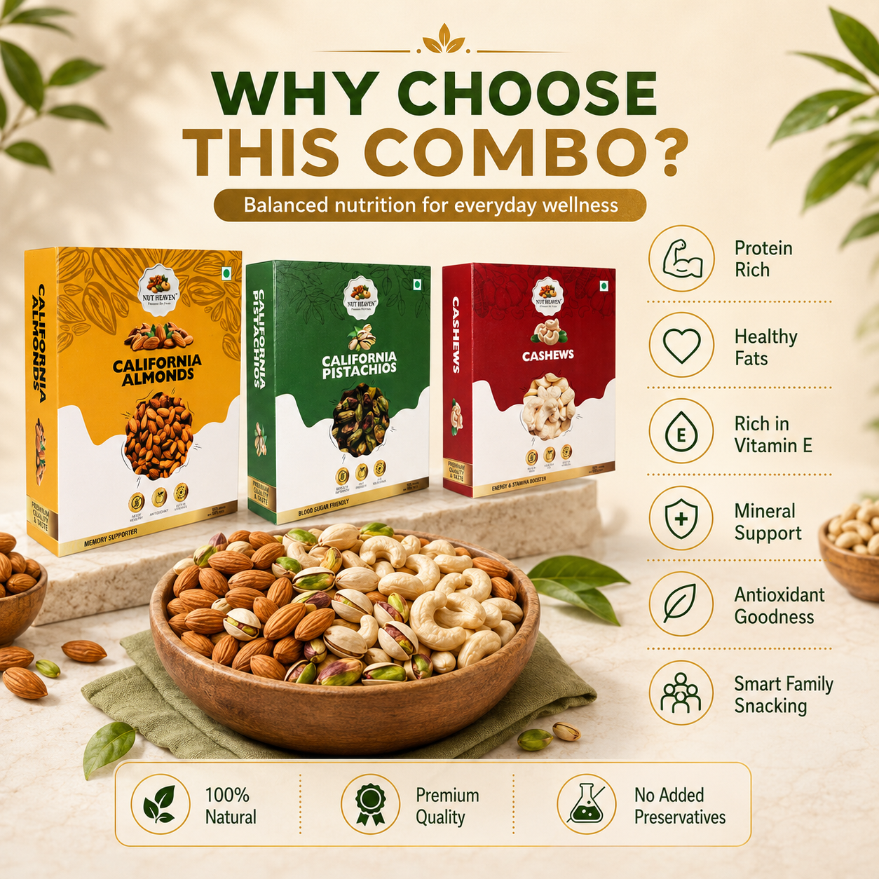 Nut Heaven Almonds 500g + Pistachios 200g + Cashews 200g | Premium Trio Pack | Healthy Dry Fruits Combo