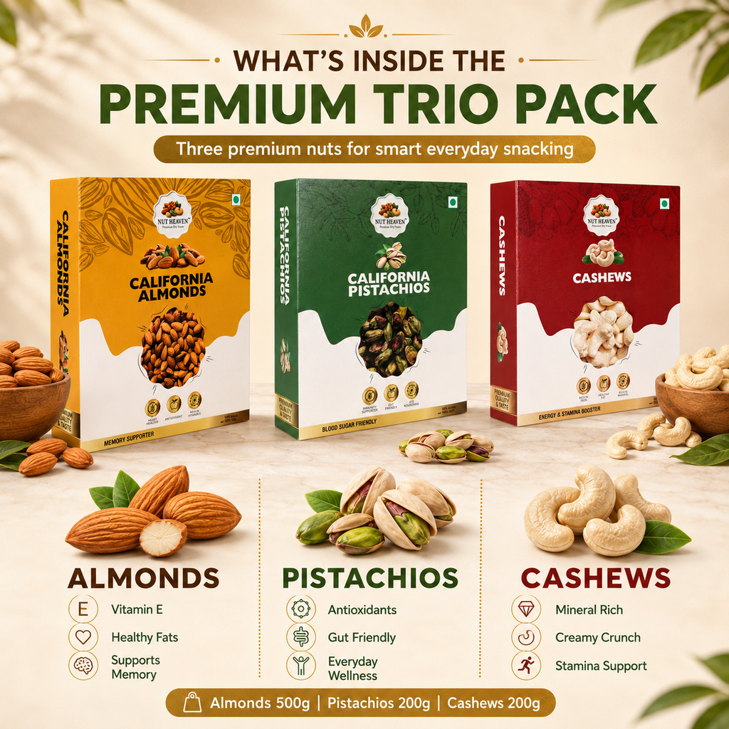 Nut Heaven Almonds 500g + Pistachios 200g + Cashews 200g | Premium Trio Pack | Healthy Dry Fruits Combo