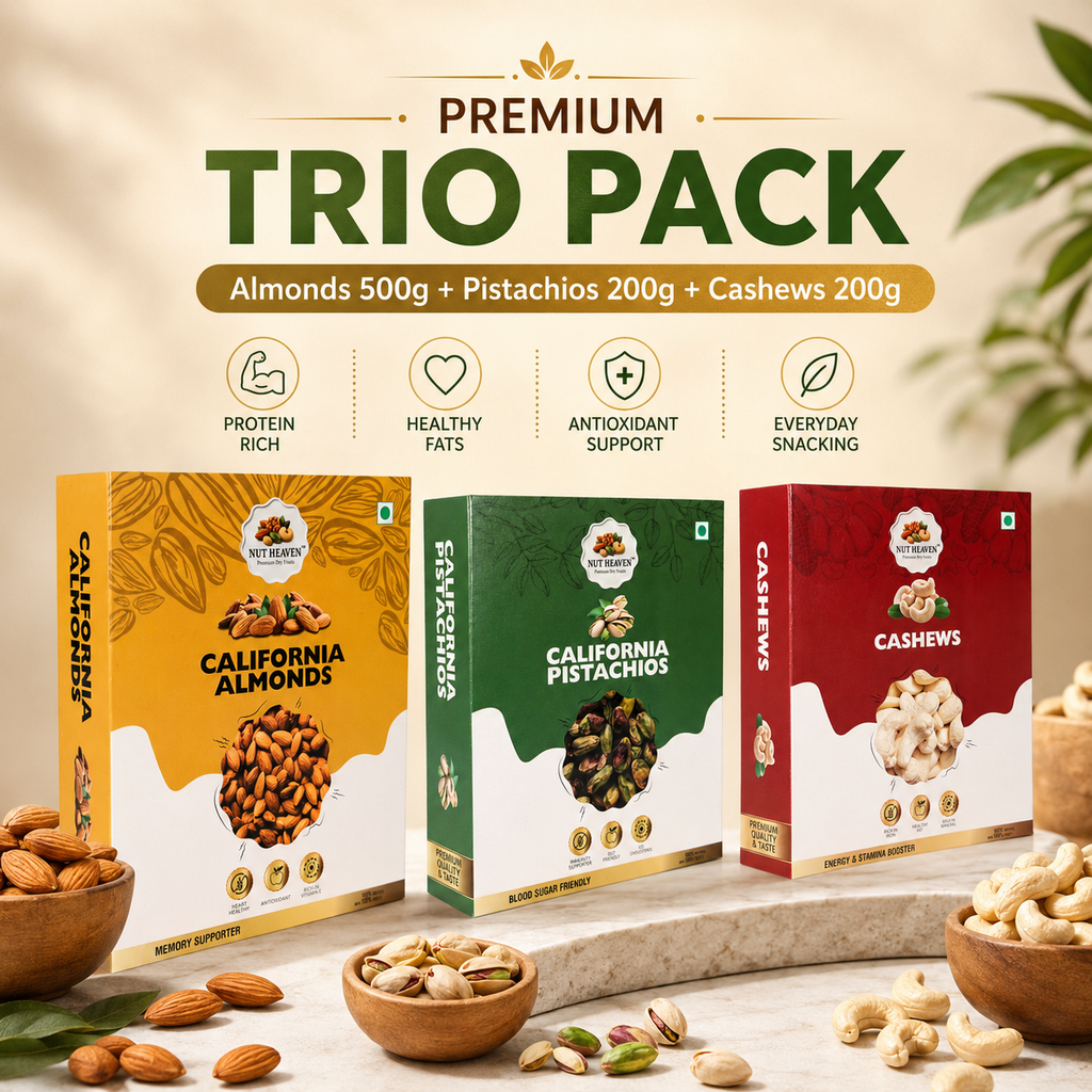 Nut Heaven Almonds 500g + Pistachios 200g + Cashews 200g | Premium Trio Pack | Healthy Dry Fruits Combo