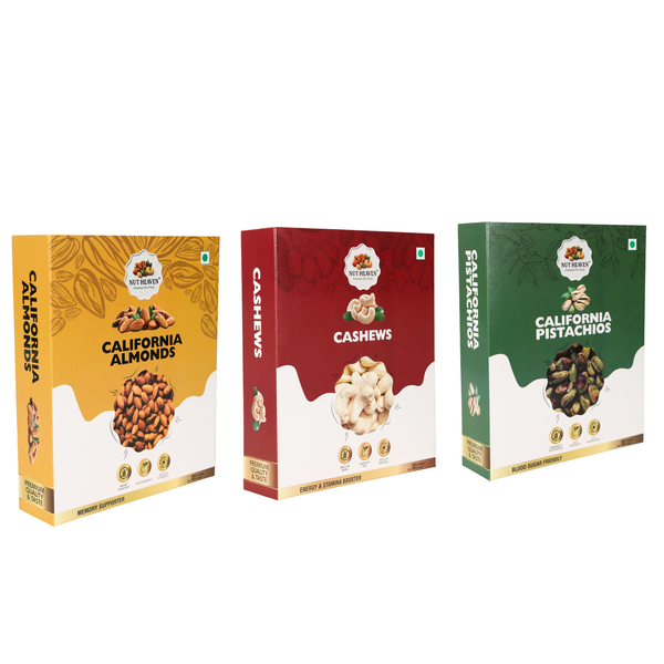 Nut Heaven Almonds 200g + Cashews 200g + Pistachios 200g | Festive Delight Box | Premium Dry Fruits Gift Pack