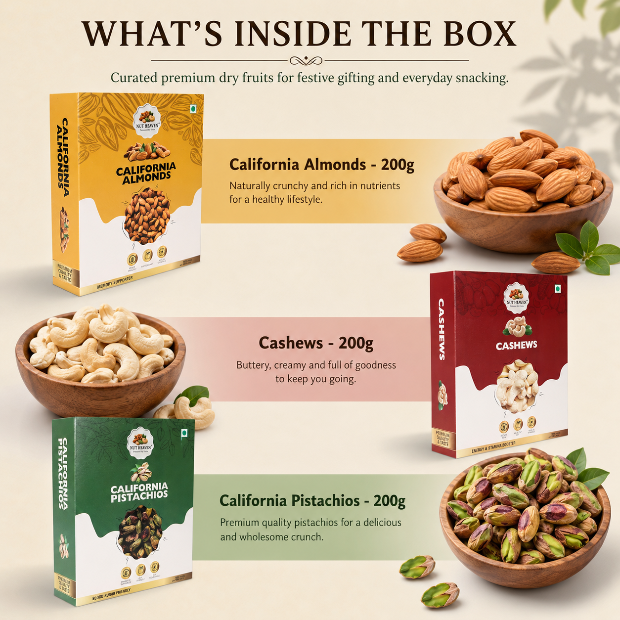 Nut Heaven Almonds 200g + Cashews 200g + Pistachios 200g | Festive Delight Box | Premium Dry Fruits Gift Pack
