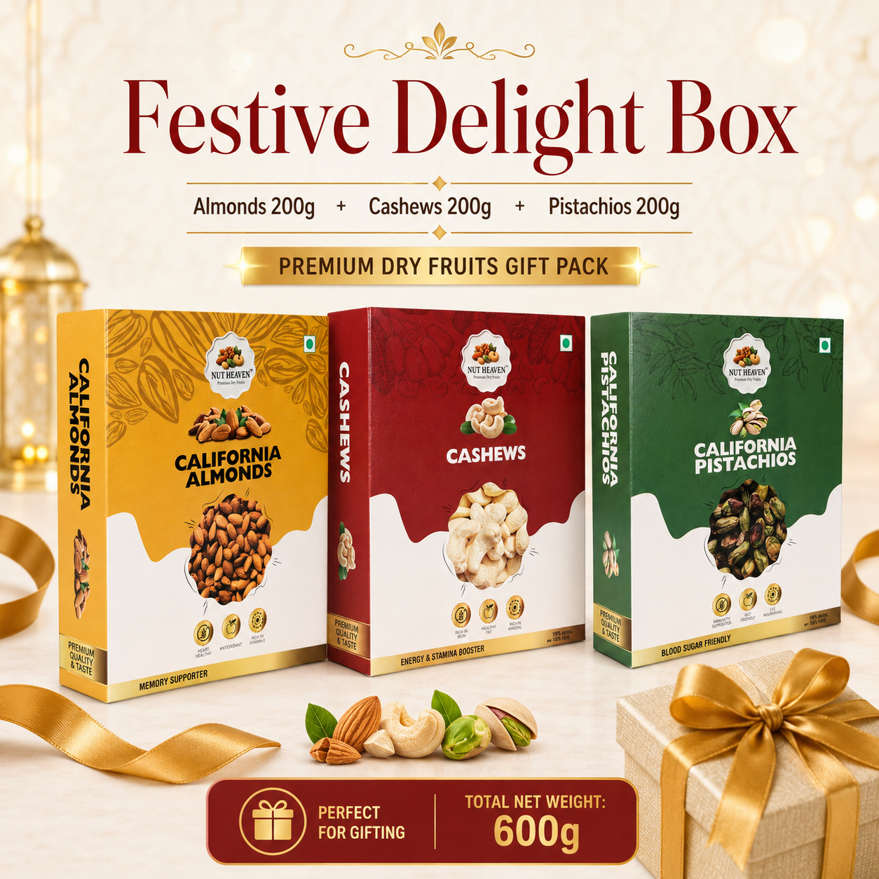 Nut Heaven Almonds 200g + Cashews 200g + Pistachios 200g | Festive Delight Box | Premium Dry Fruits Gift Pack